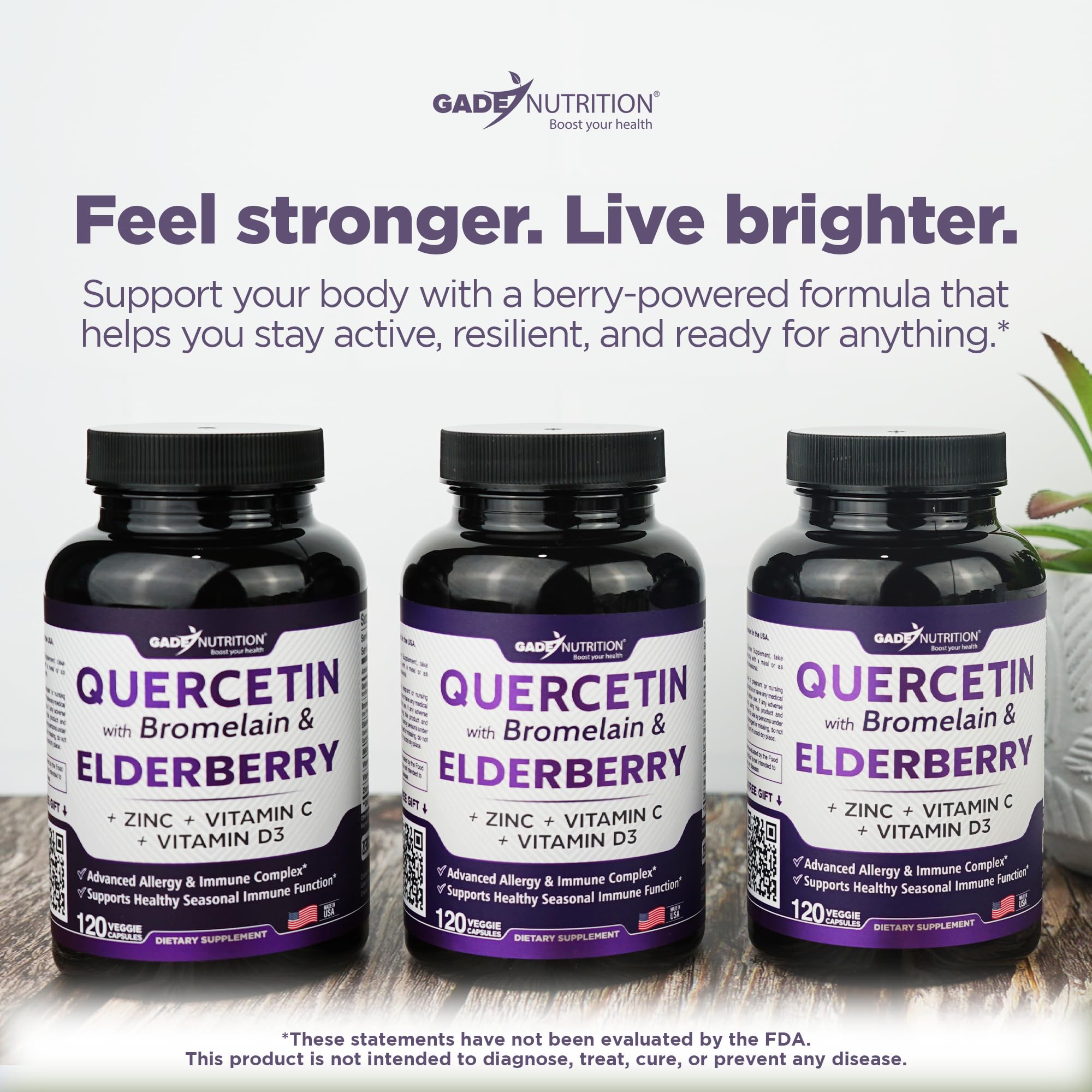 GADE NUTRITION Quercetin with Bromelain & Elderberry bottle with capsules
