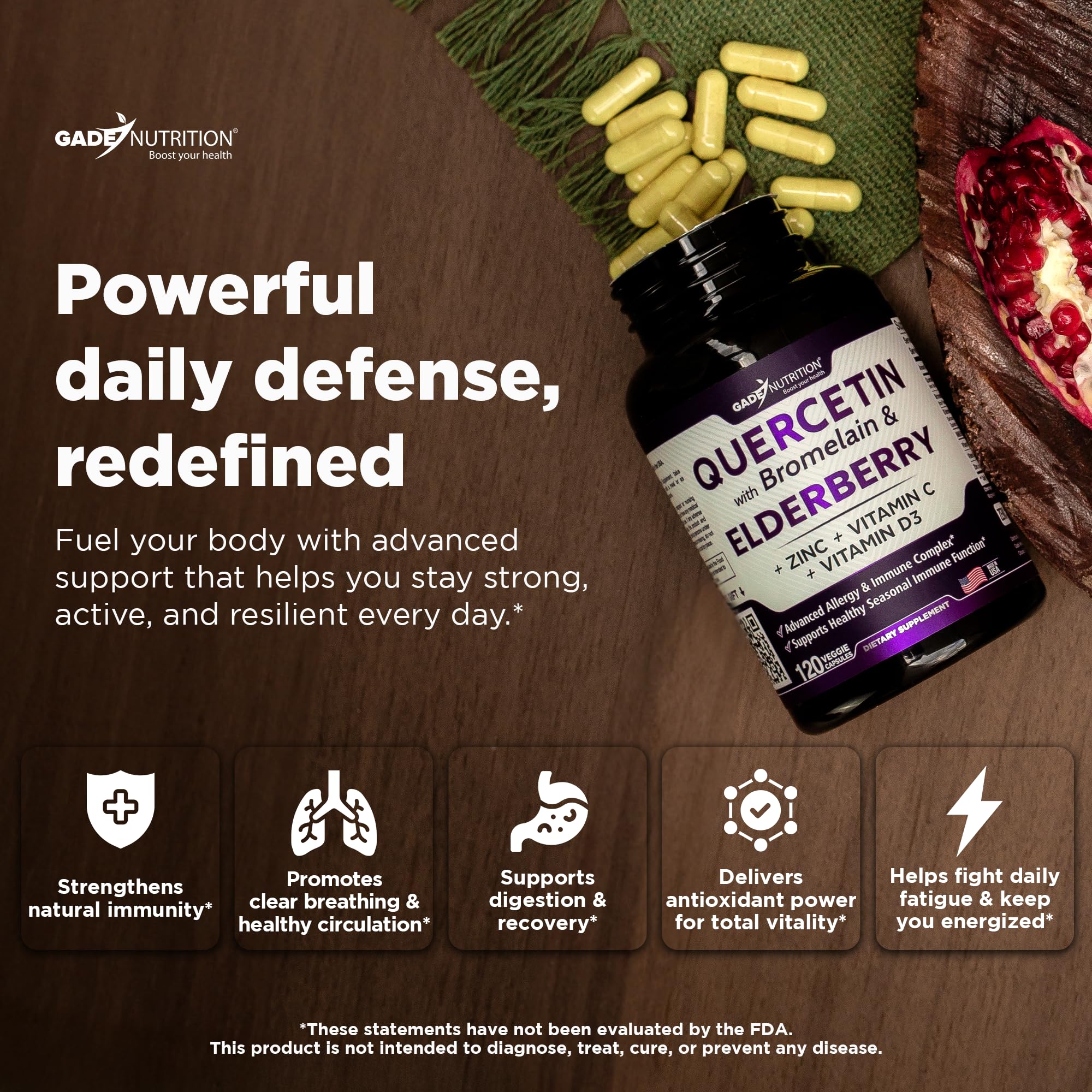GADE NUTRITION Quercetin with Bromelain & Elderberry side view