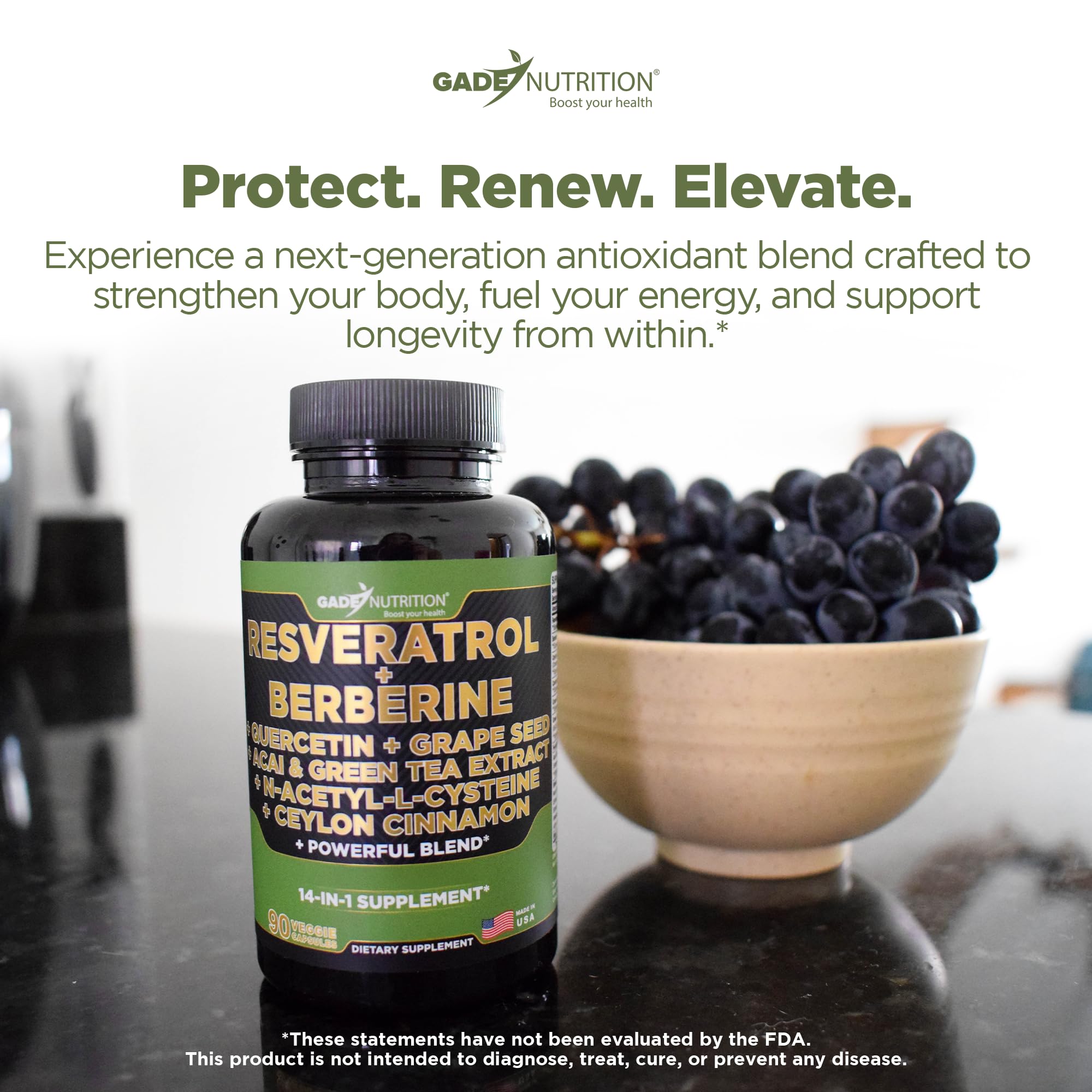GADE NUTRITION Resveratrol Supplement 87g on a kitchen counter