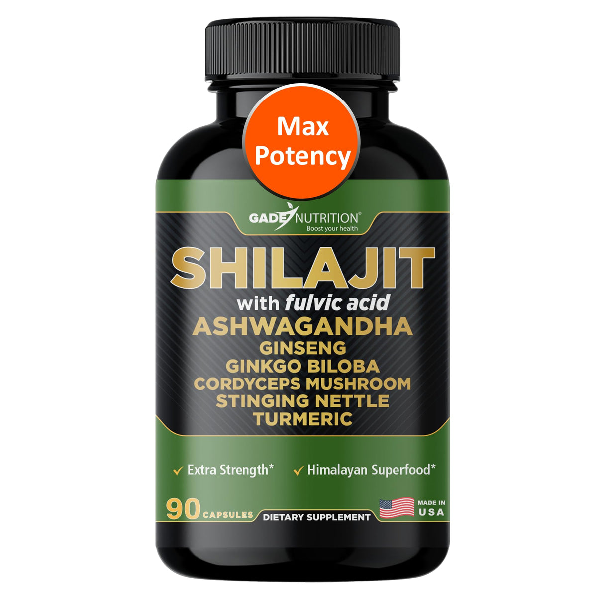 GADE NUTRITION support YOUR HEALTH Shilajit with Ashwagandha Capsules front view