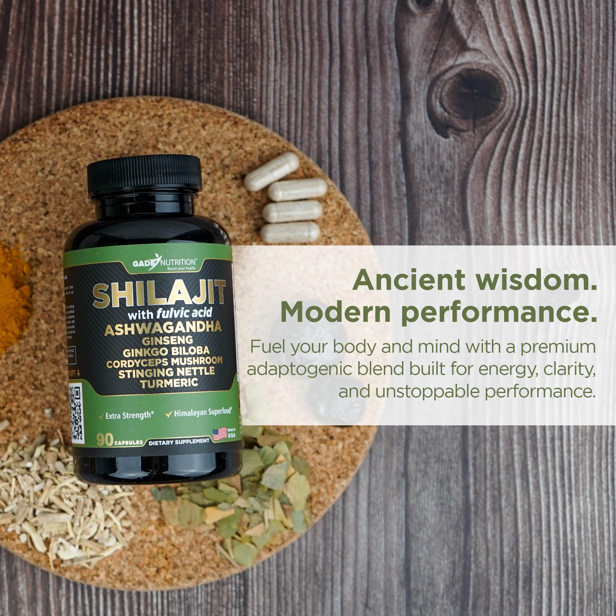 GADE NUTRITION support YOUR HEALTH Shilajit with Ashwagandha Capsules on a wooden table