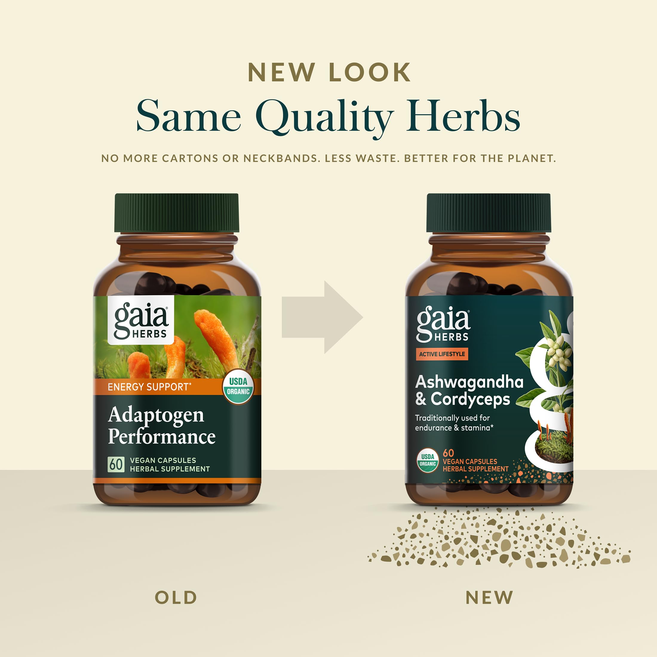 Gaia Herbs Adaptogen Performance 136g herbal supplement with green leaves