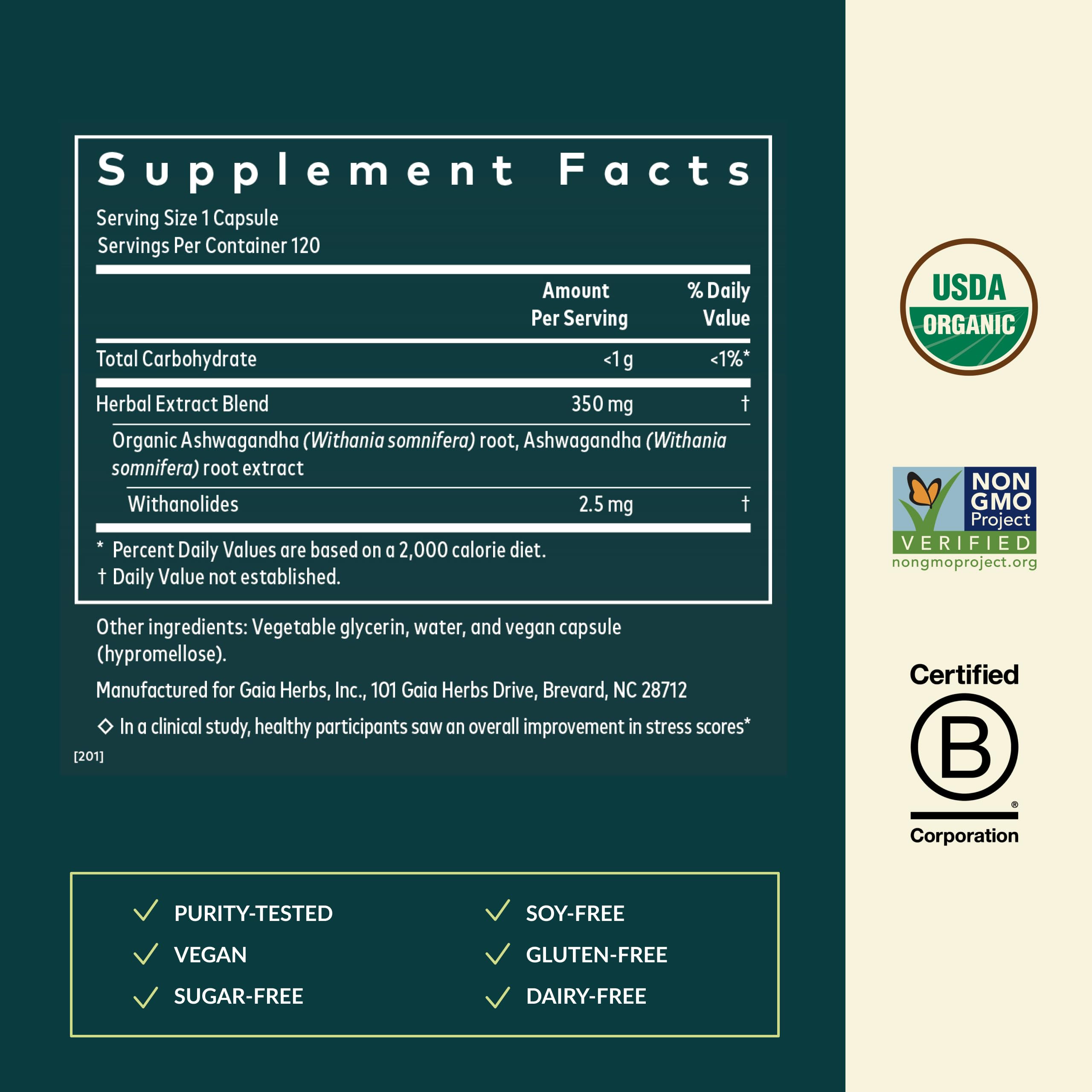 Gaia Herbs Ashwagandha Capsules with open bottle