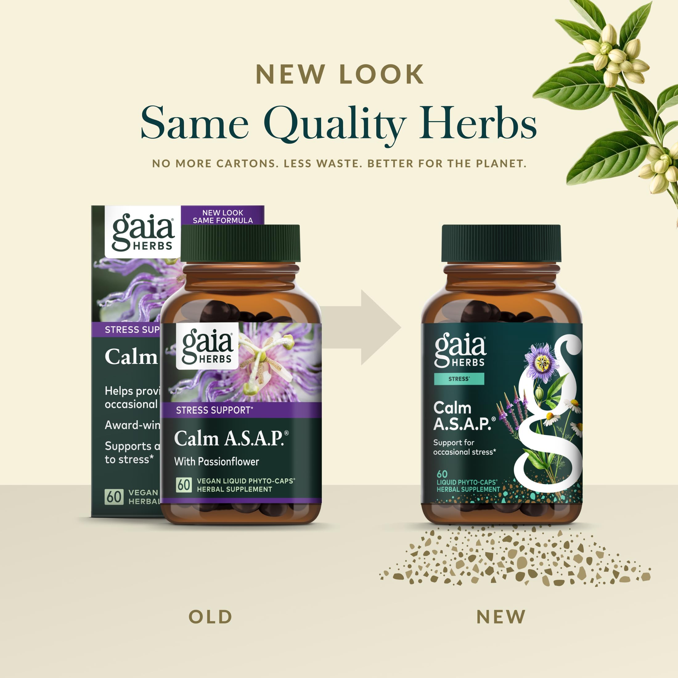 Gaia Herbs Calm A.S.A.P. supplement bottle with a measuring spoon