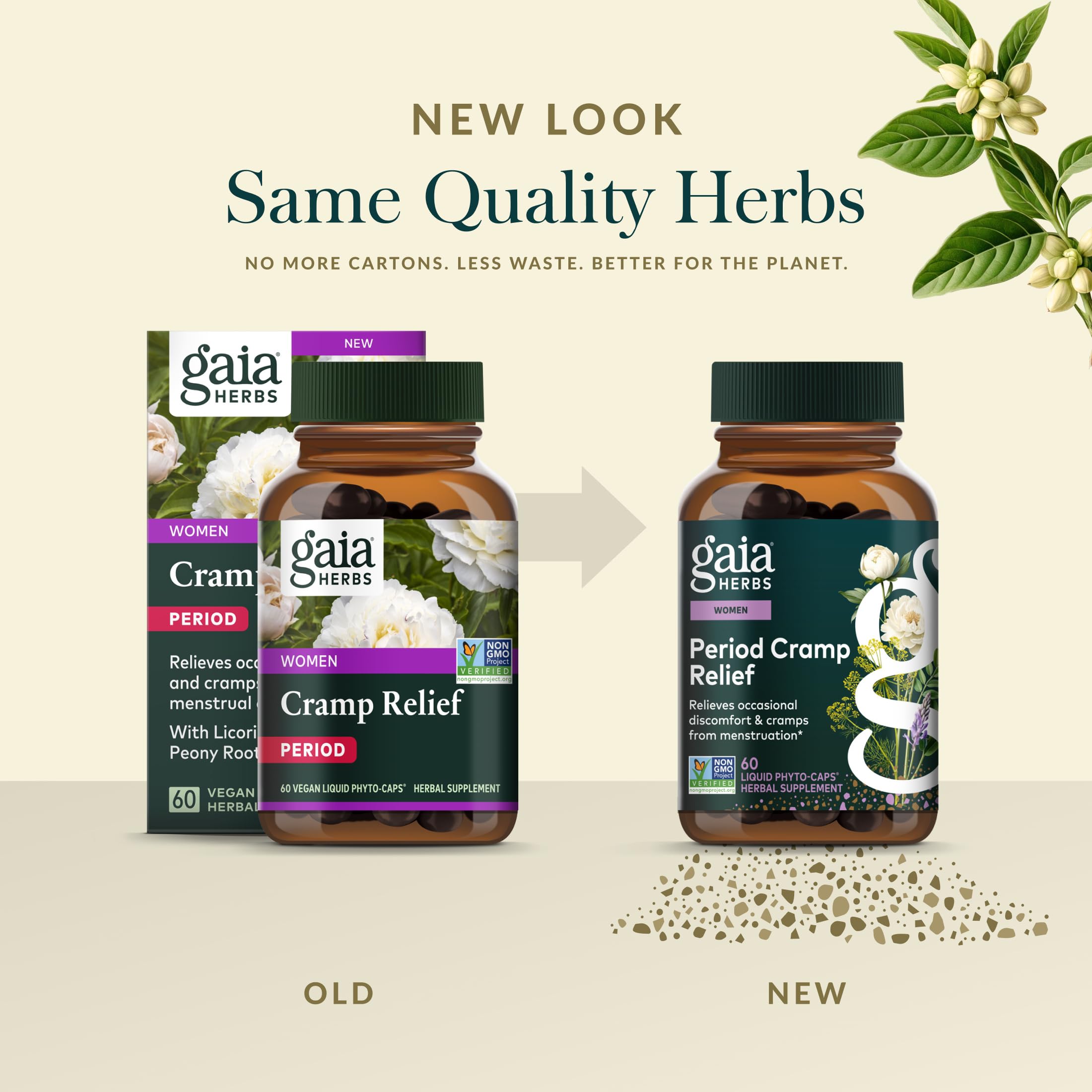 Gaia Herbs Cramp Relief Supplement lifestyle scene with herbal tea