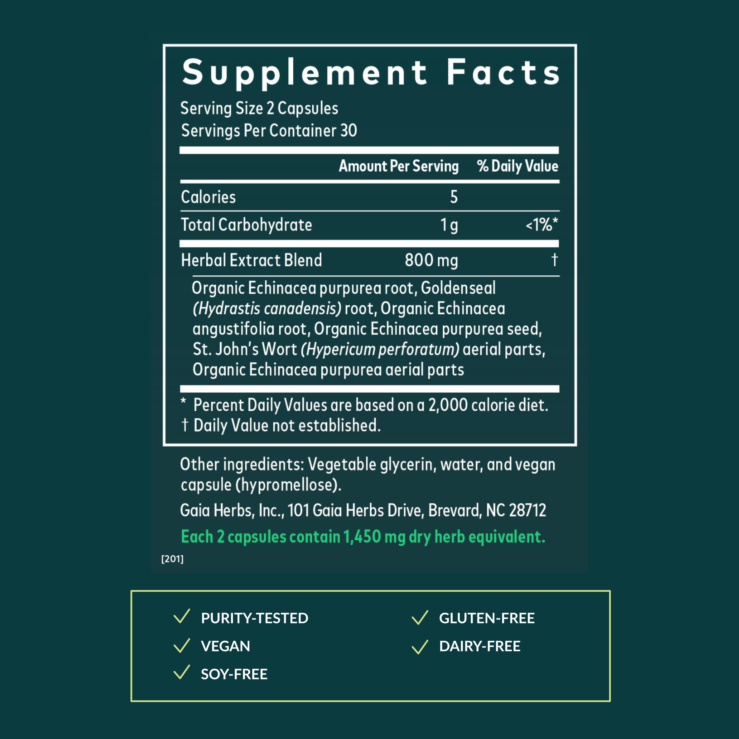 Gaia Herbs Echinacea Goldenseal supplement label close-up