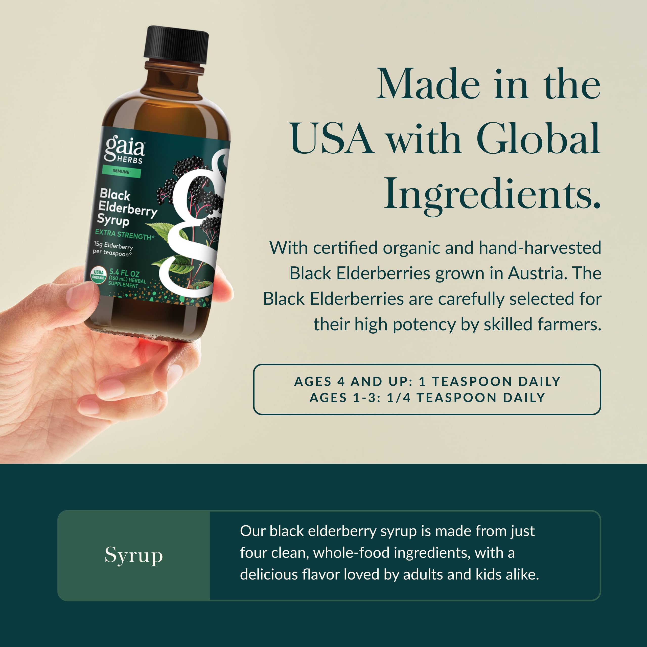 Gaia Herbs Elderberry Syrup 153g with a spoonful of syrup