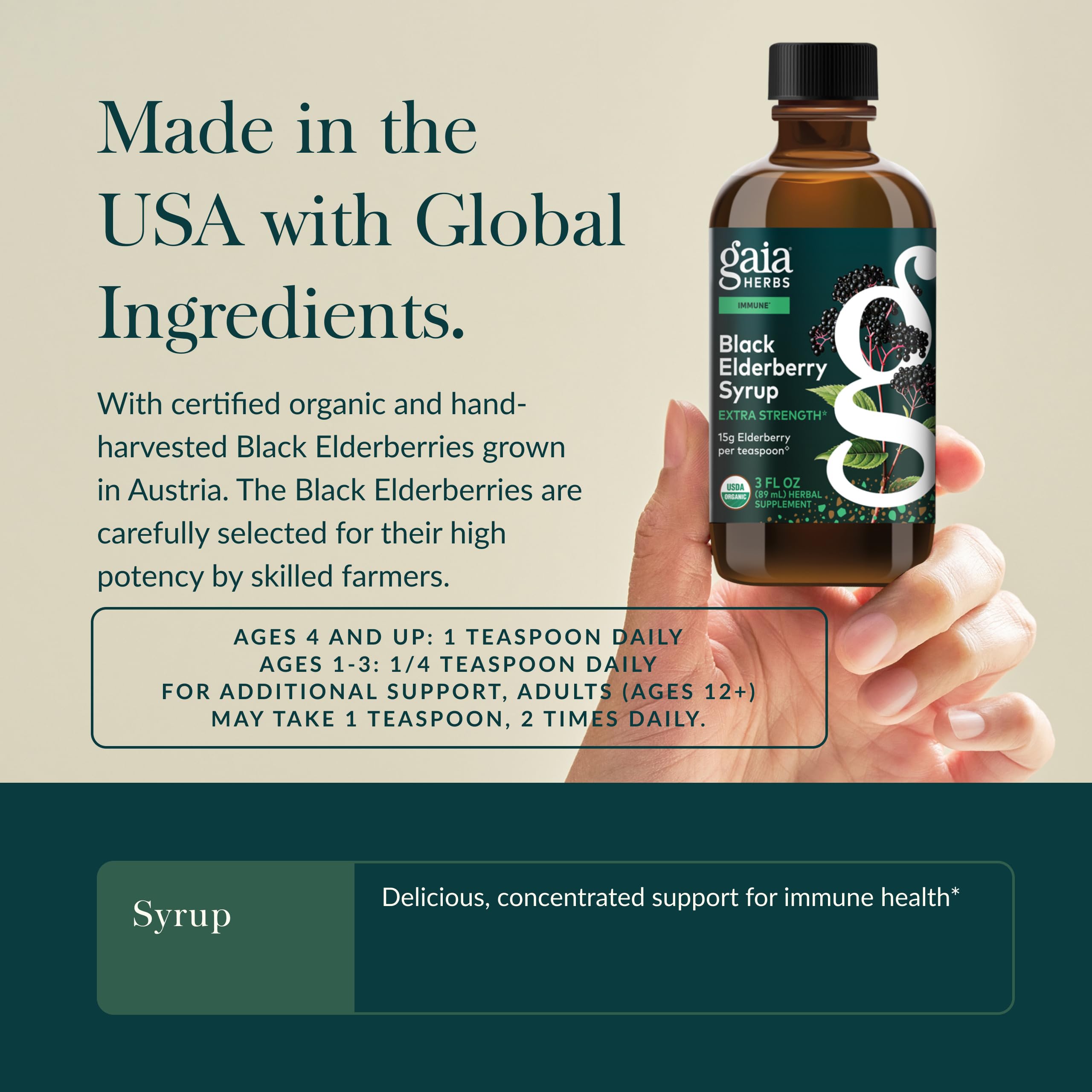 Gaia Herbs Elderberry Syrup 236g with a spoonful of syrup