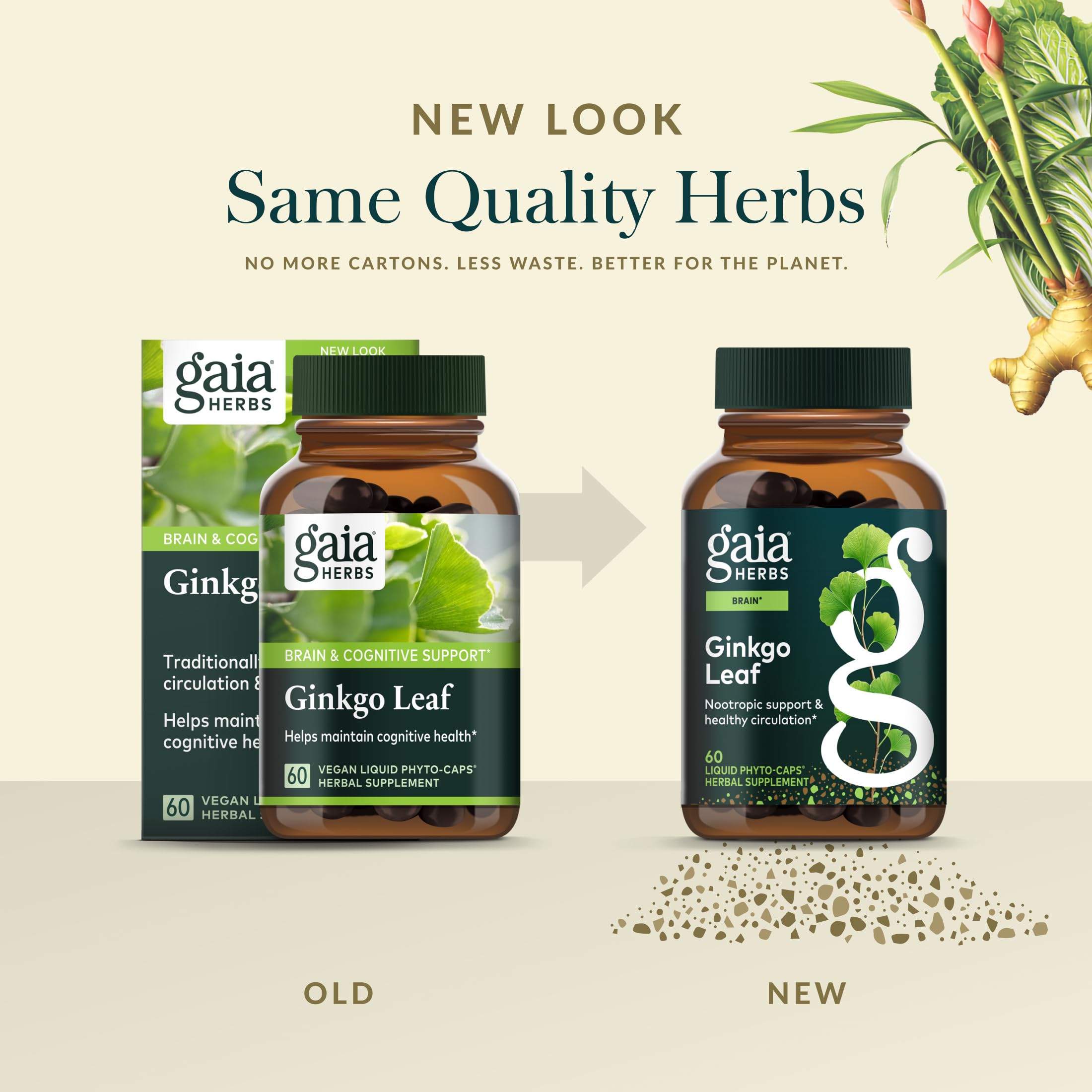 Gaia Herbs Ginkgo Biloba Capsules with herbal background