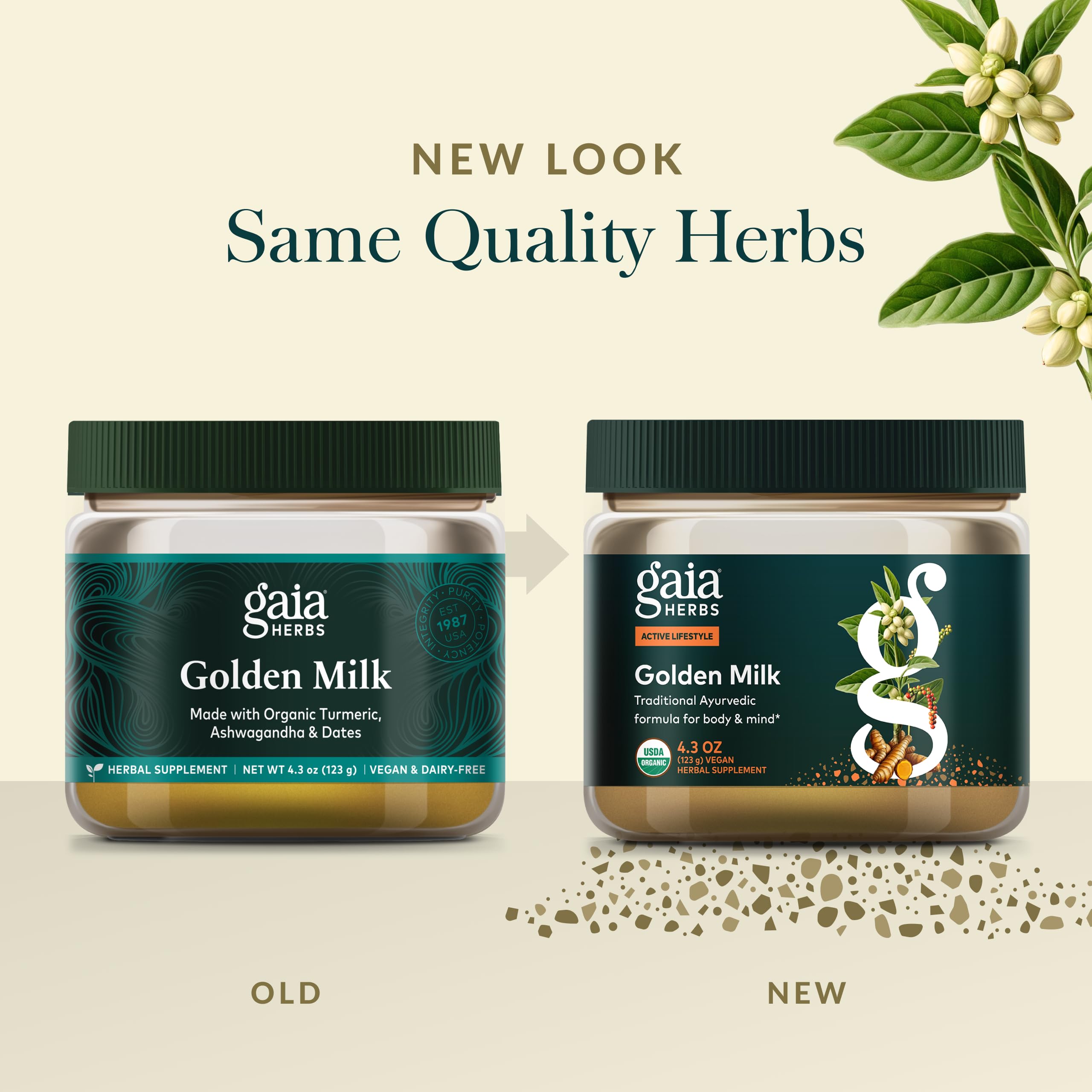 Gaia Herbs Golden Milk Vegan Blend with a cup of warm milk
