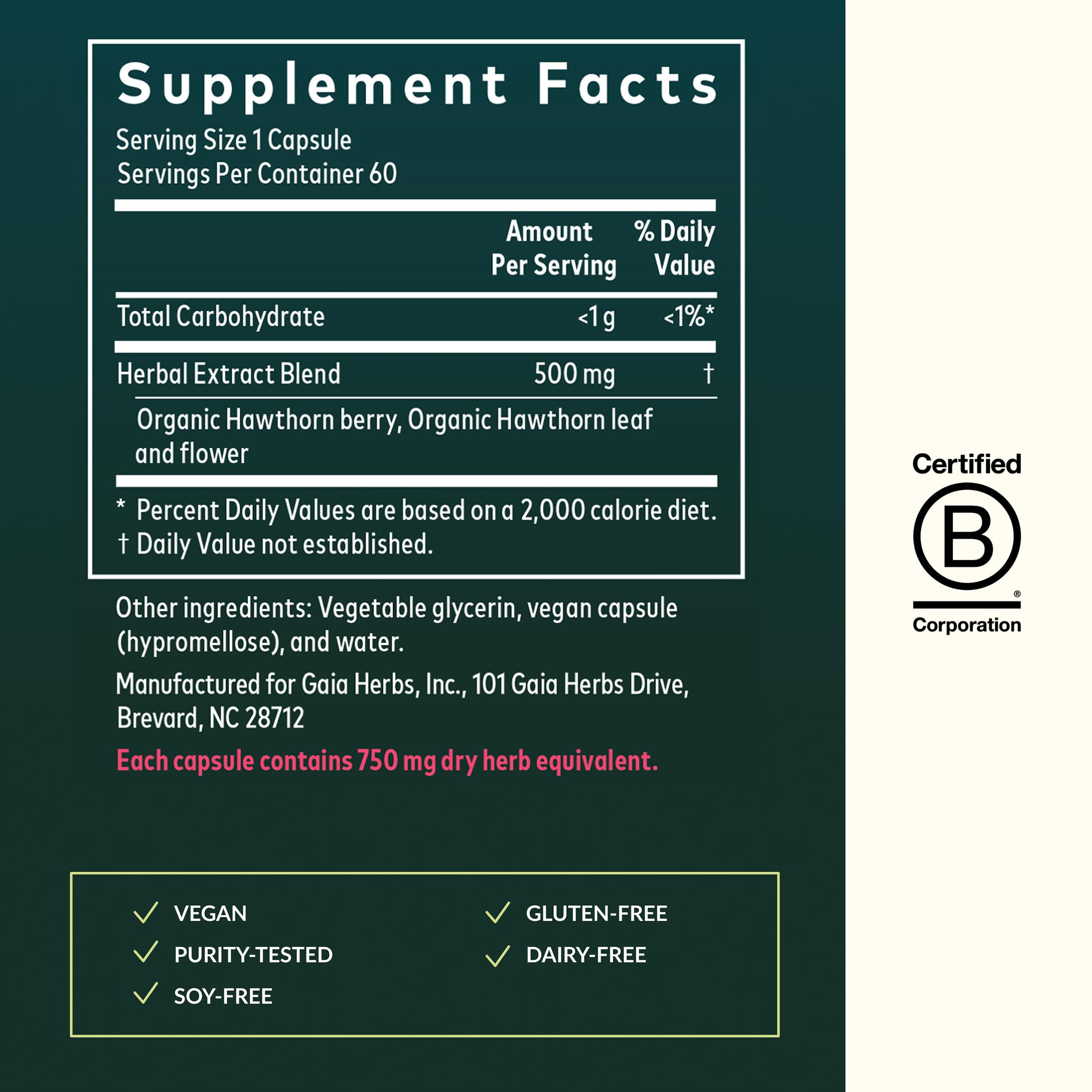 Gaia Herbs Hawthorn Berry Supplement back view with ingredients