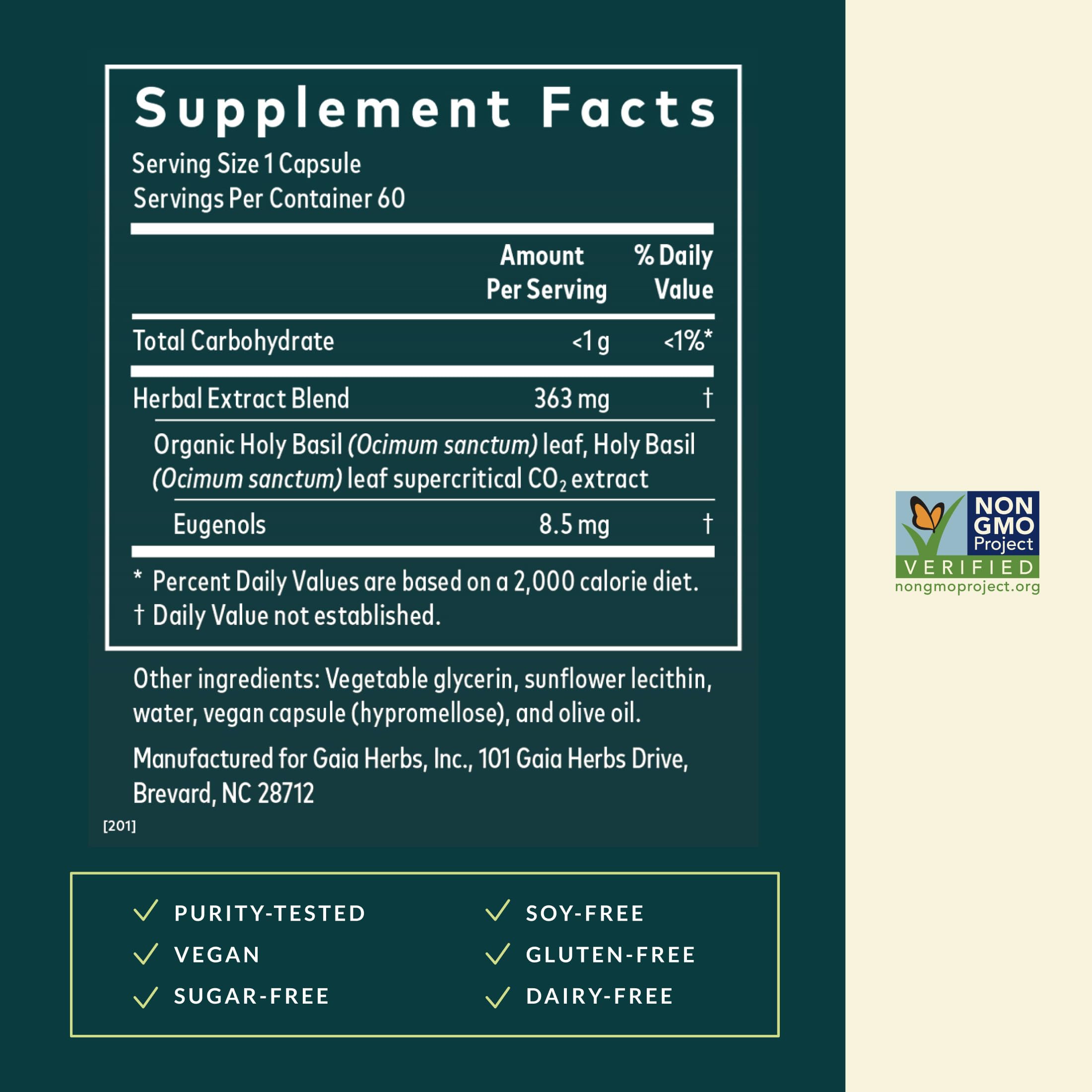 Gaia Herbs Holy Basil 177g capsules in a bowl