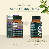 Gaia Herbs Holy Basil 177g packaging on a wooden table