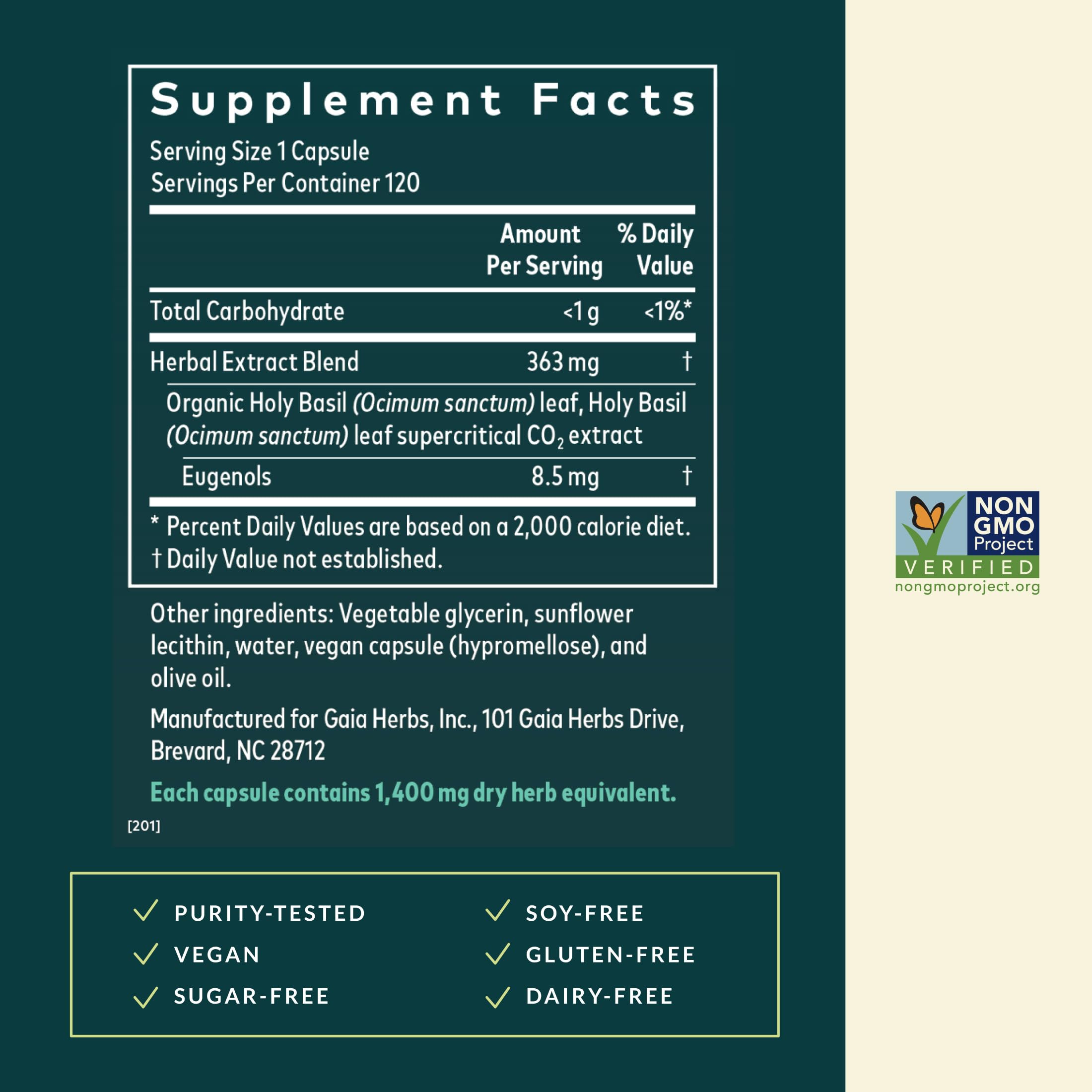 Gaia Herbs Holy Basil Supplement ingredients list on back