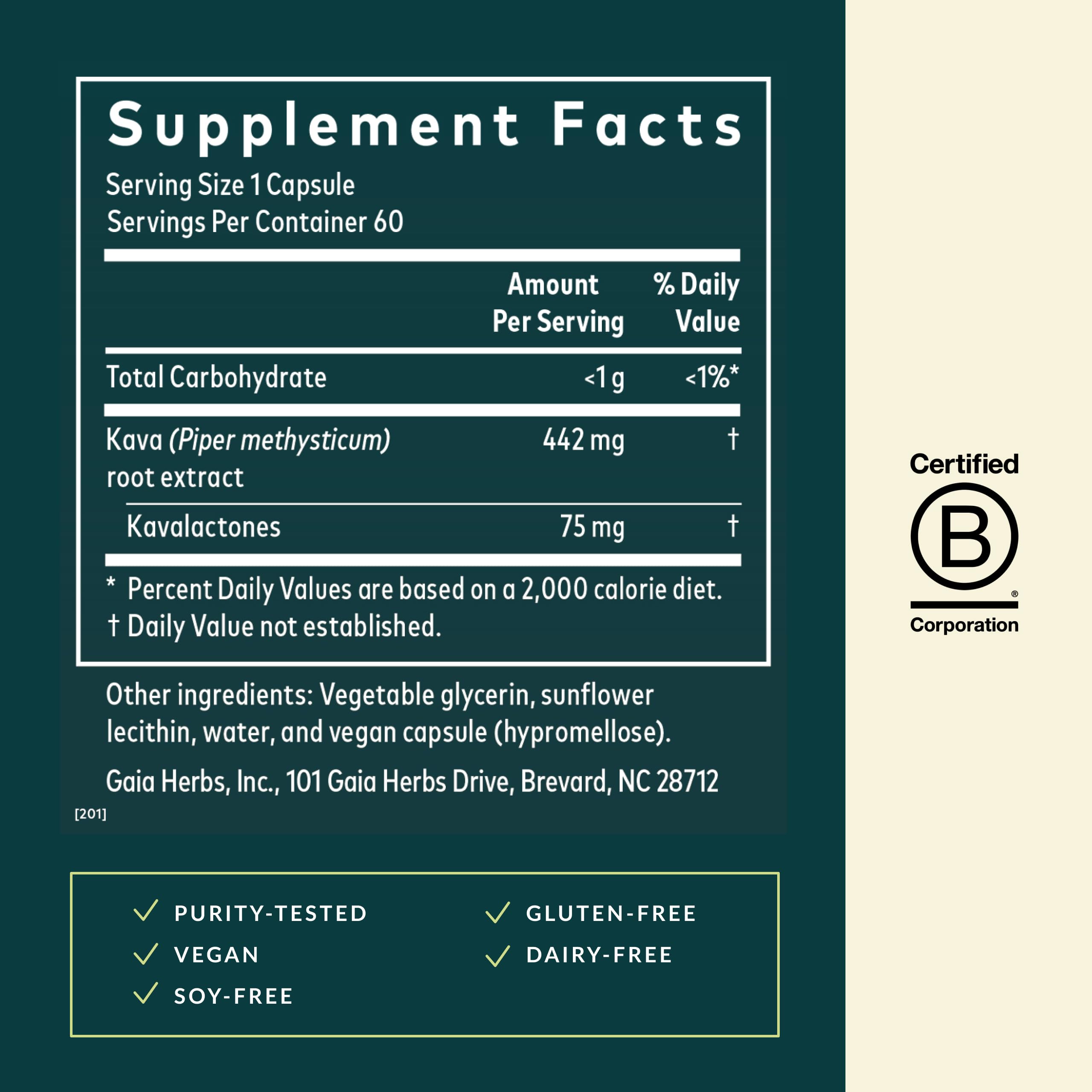 Gaia Herbs Kava Kava Supplement back view with ingredient list