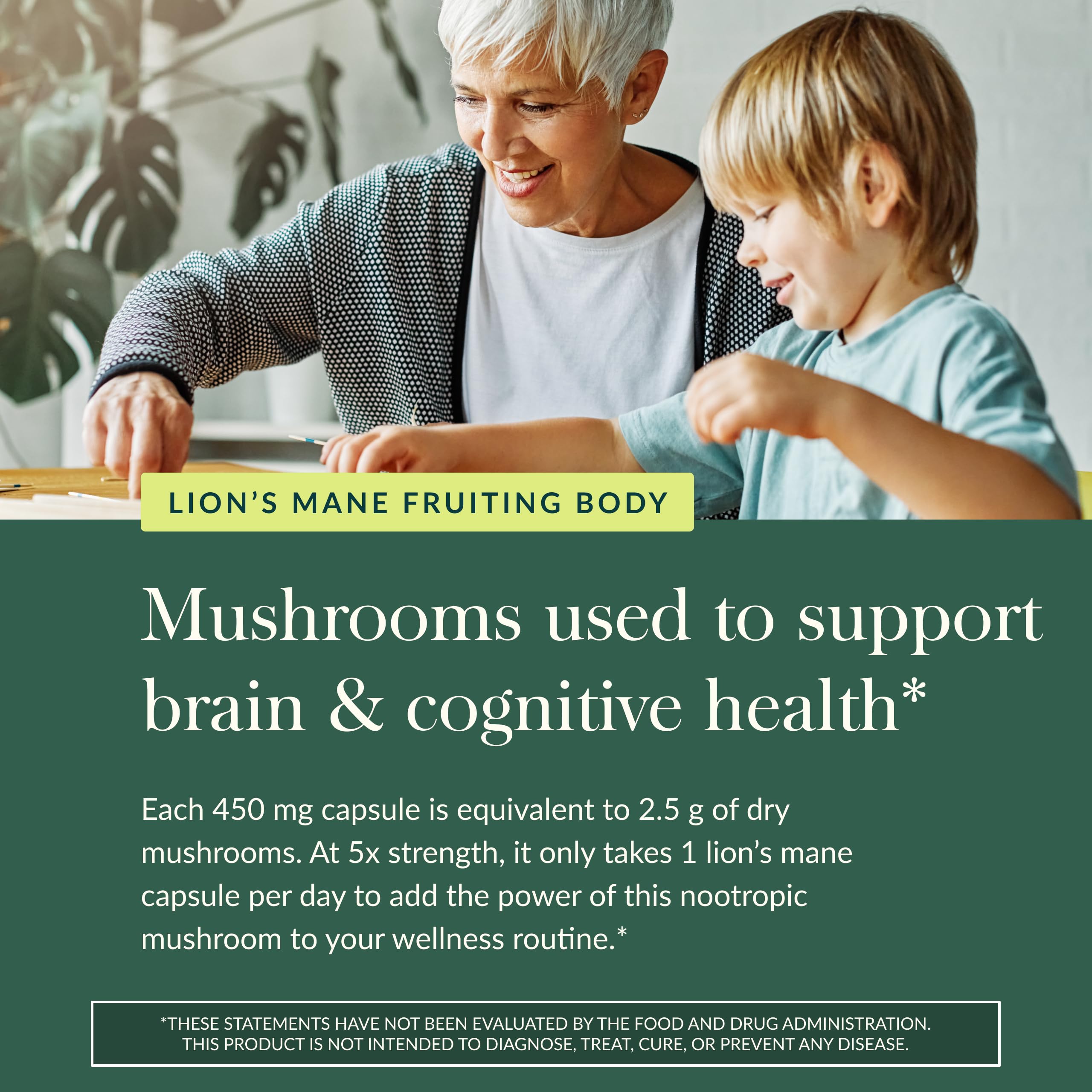 Gaia Herbs Lion's Mane Mushroom Supplement 450mg with organic ingredients