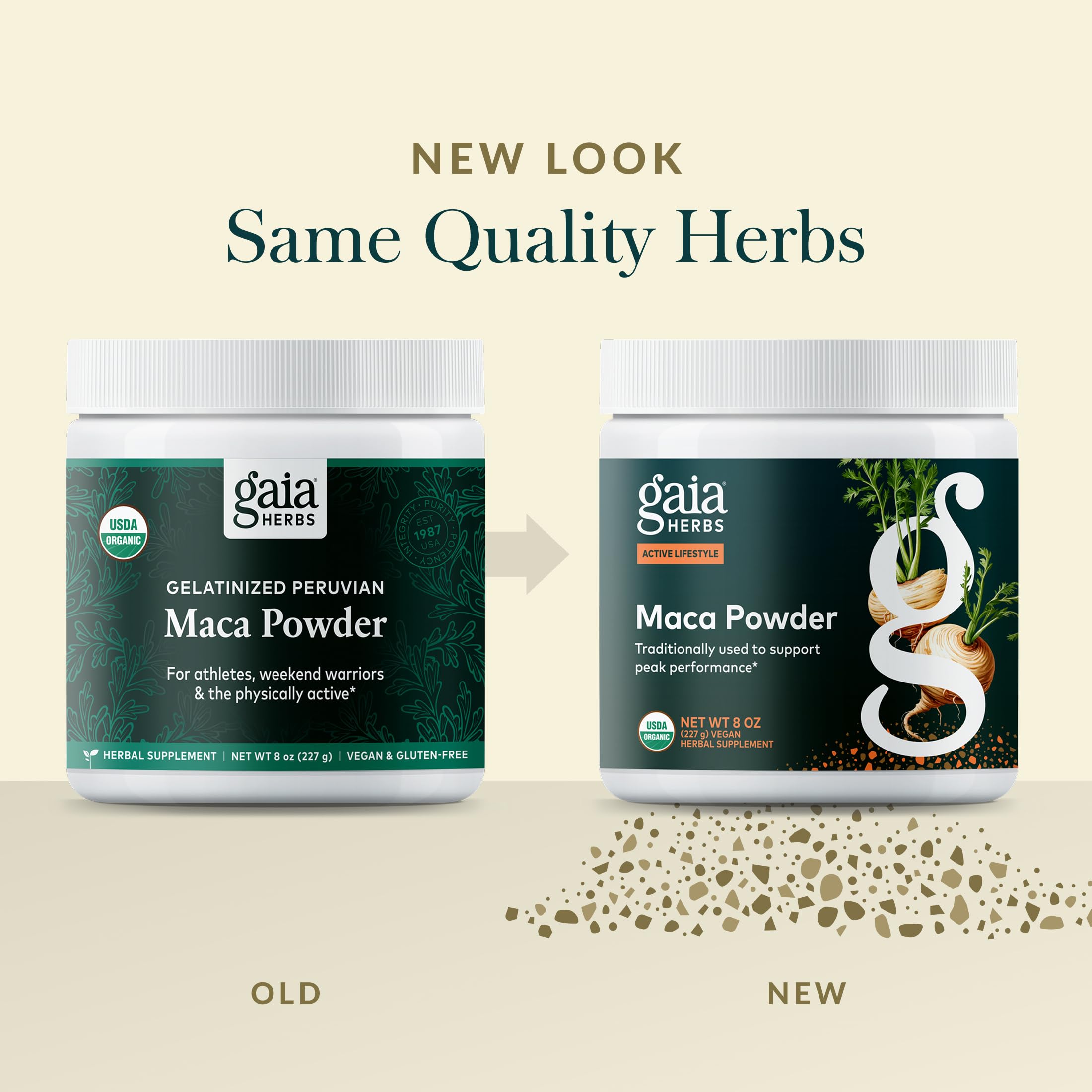 Gaia Herbs Maca Powder 227g with smoothie and ingredients