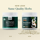 Gaia Herbs Maca Powder 227g with smoothie and ingredients