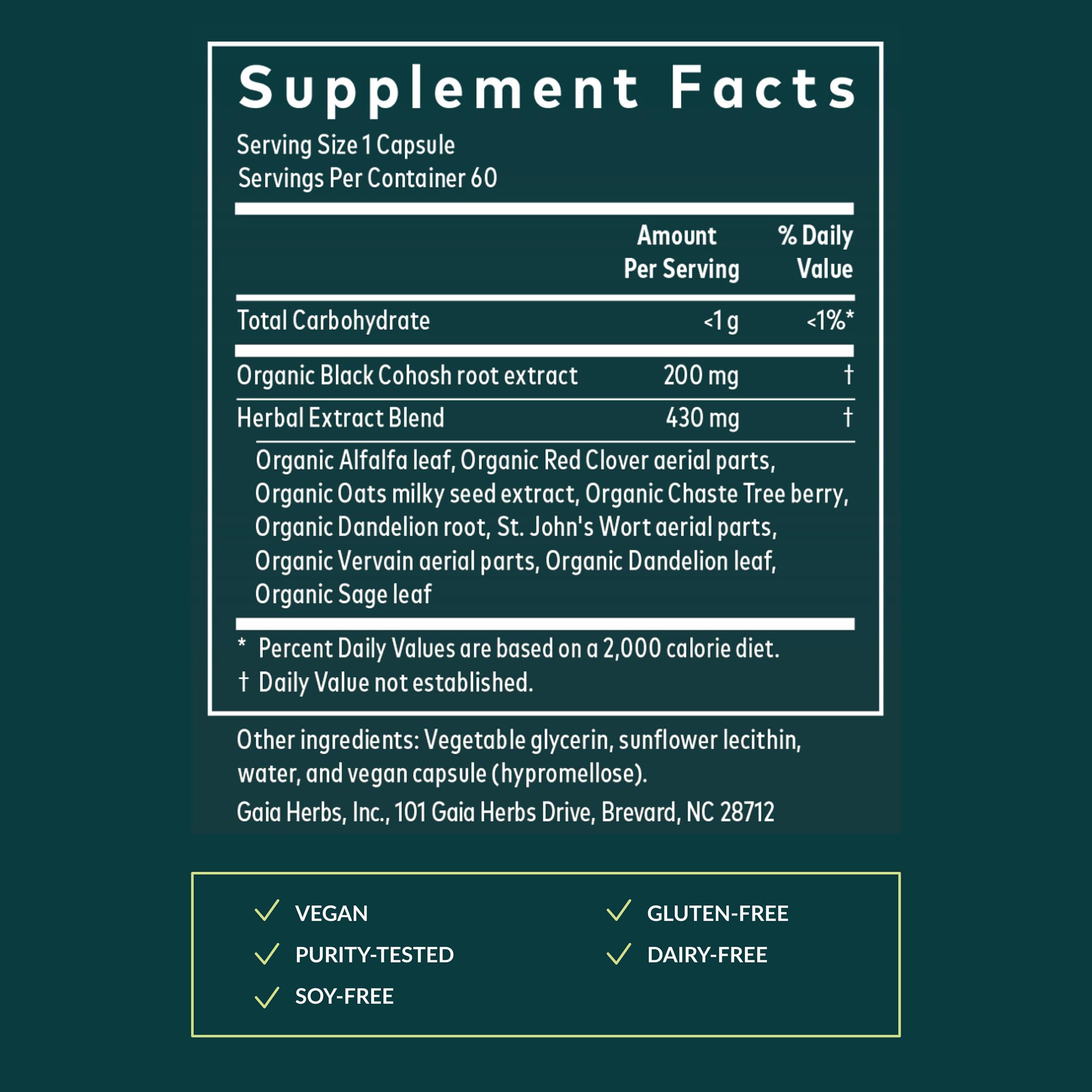 Gaia Herbs Menopause Support Daytime 177g back view with ingredients