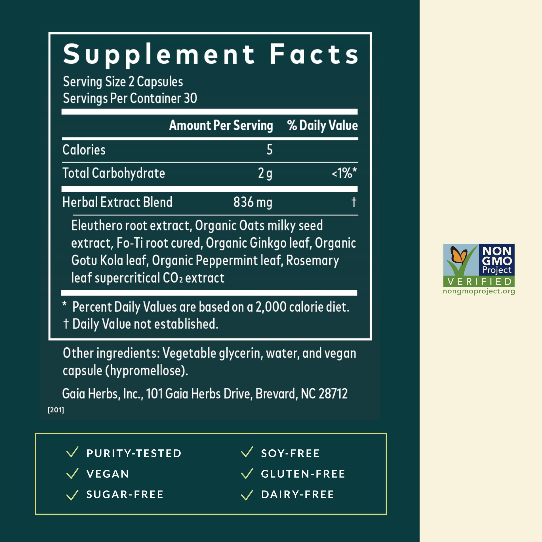 Gaia Herbs Mental Alertness Ginkgo Biloba Supplement back view with ingredient list