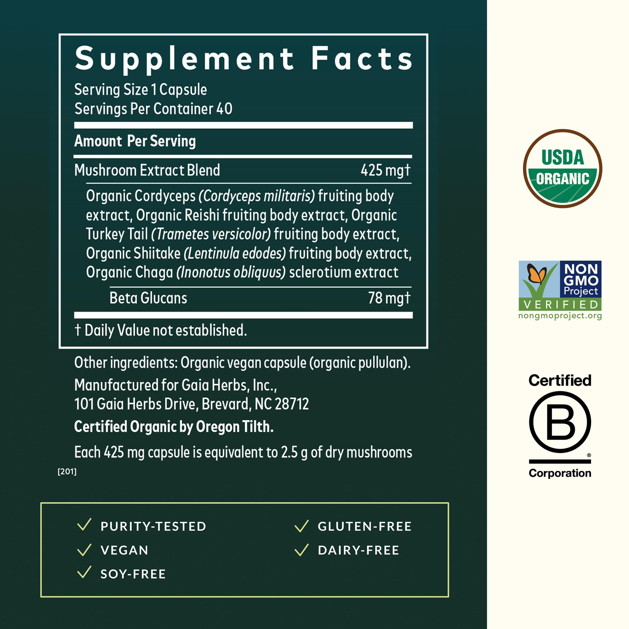 Gaia Herbs Mushroom Supplement Capsules bottle with label