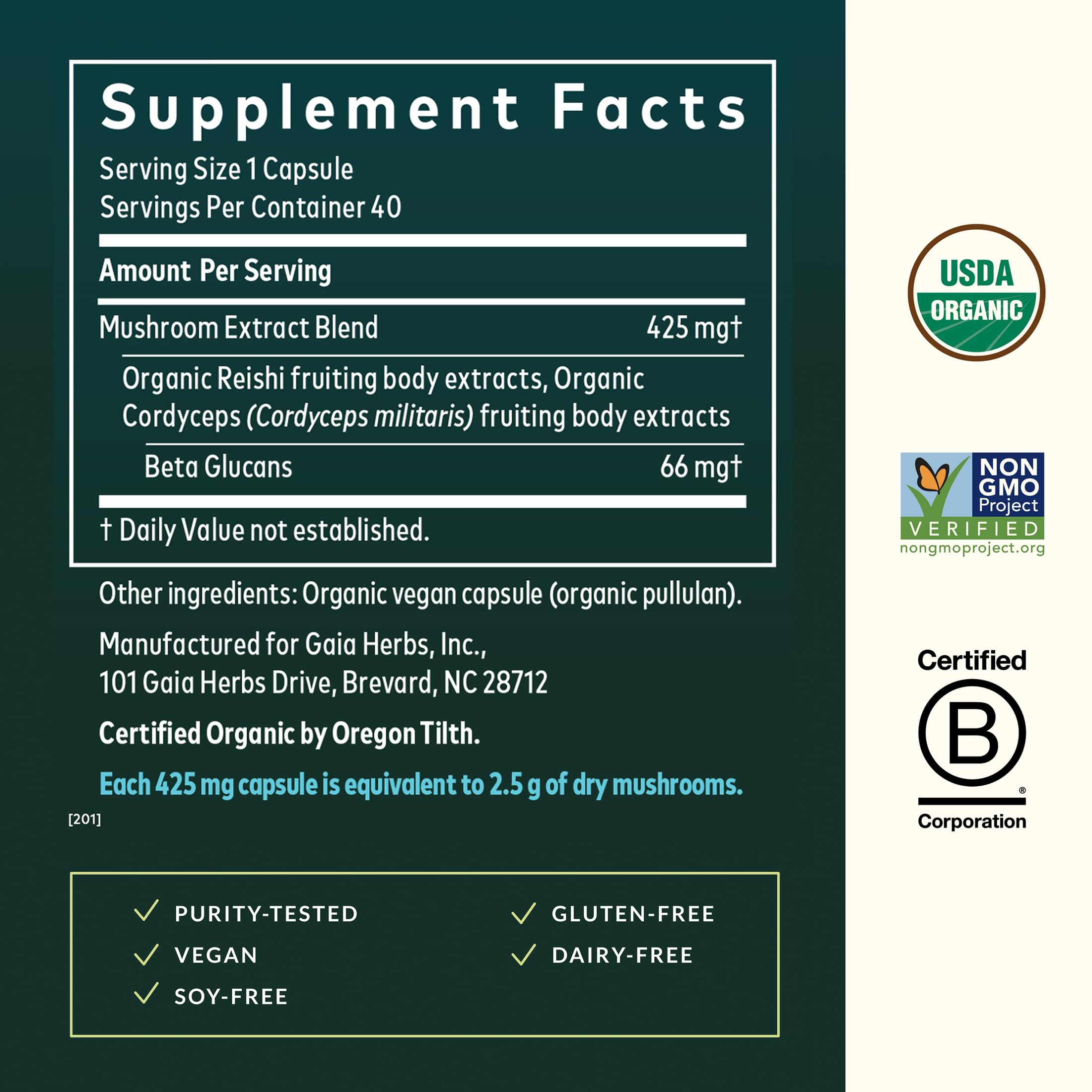 Gaia Herbs Mushroom Supplement side view with label