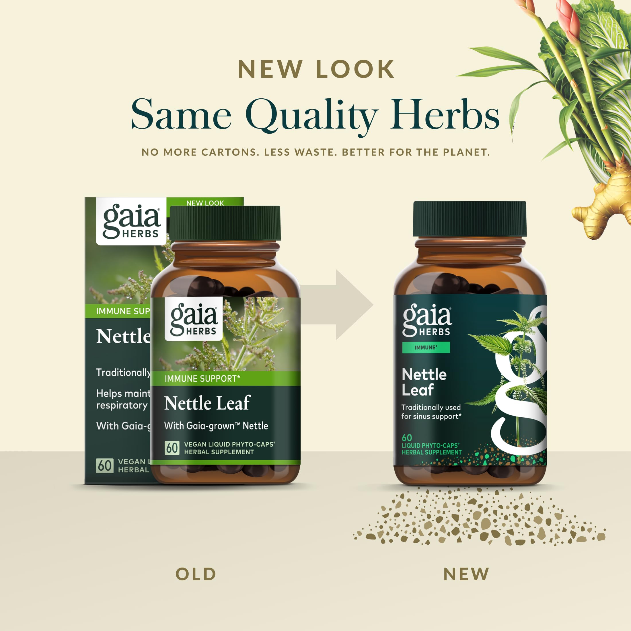 Gaia Herbs Nettle Leaf Capsules lifestyle scene on table