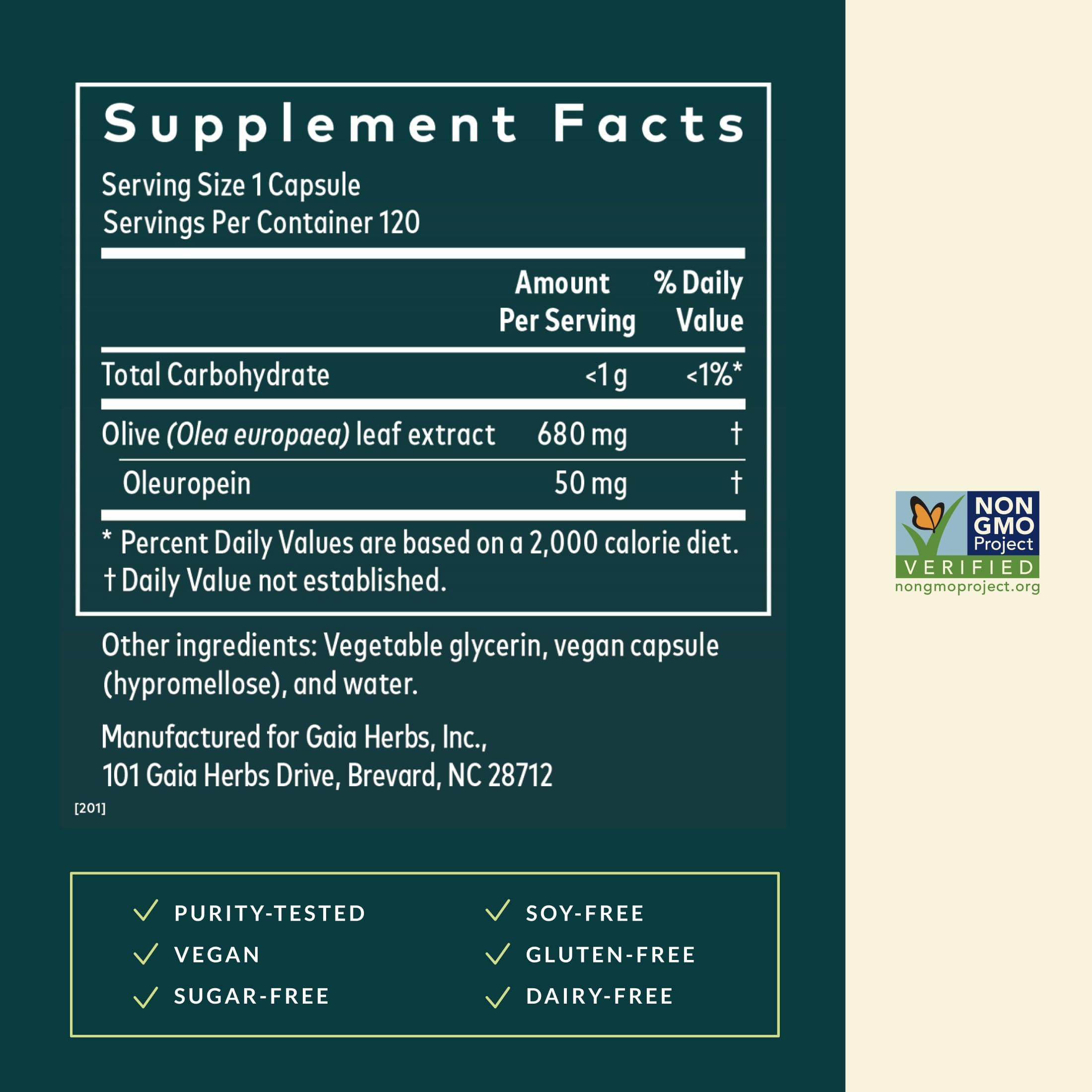 Gaia Herbs Olive Leaf Supplement capsules in a jar