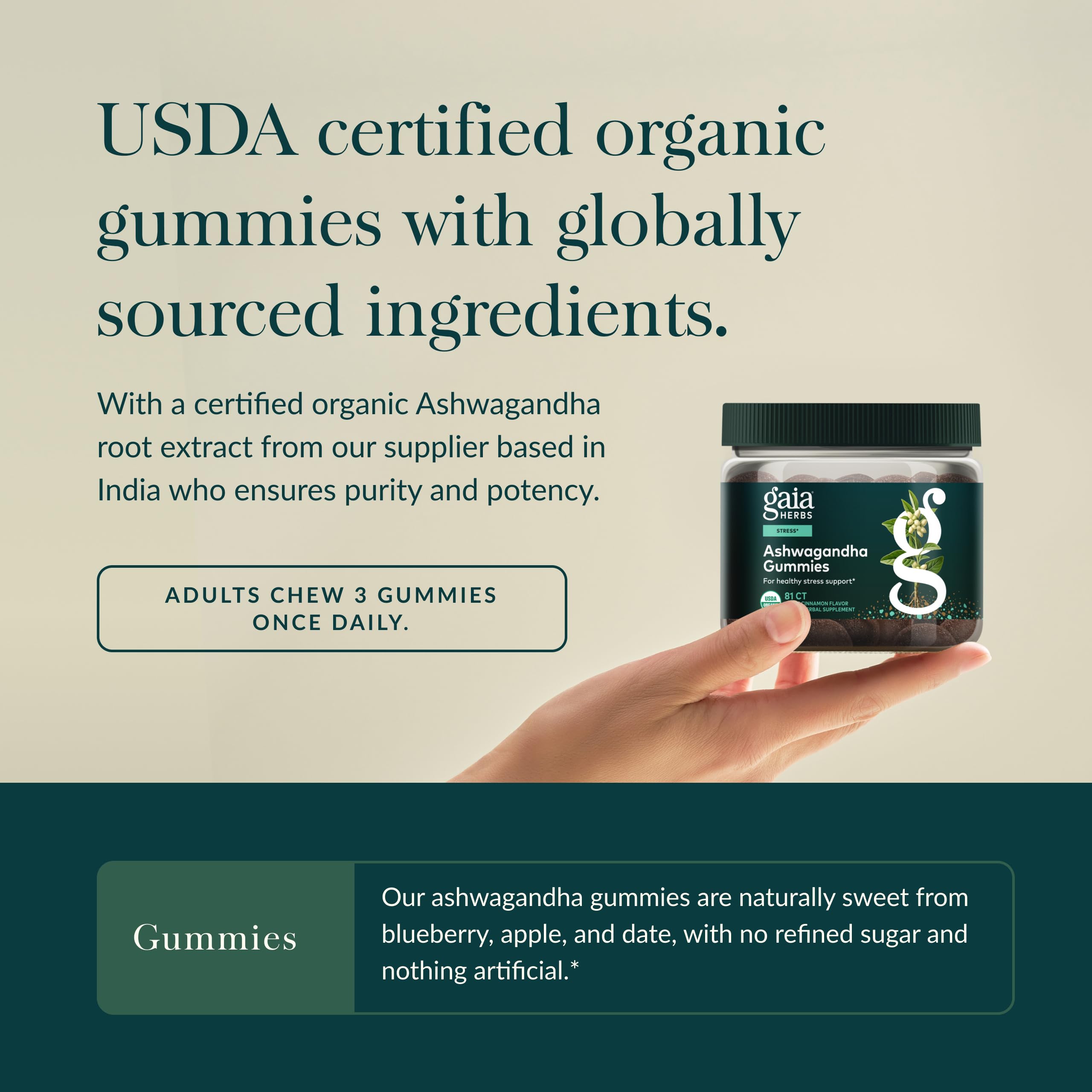 Gaia Herbs Organic Ashwagandha Gummies with fruit ingredients