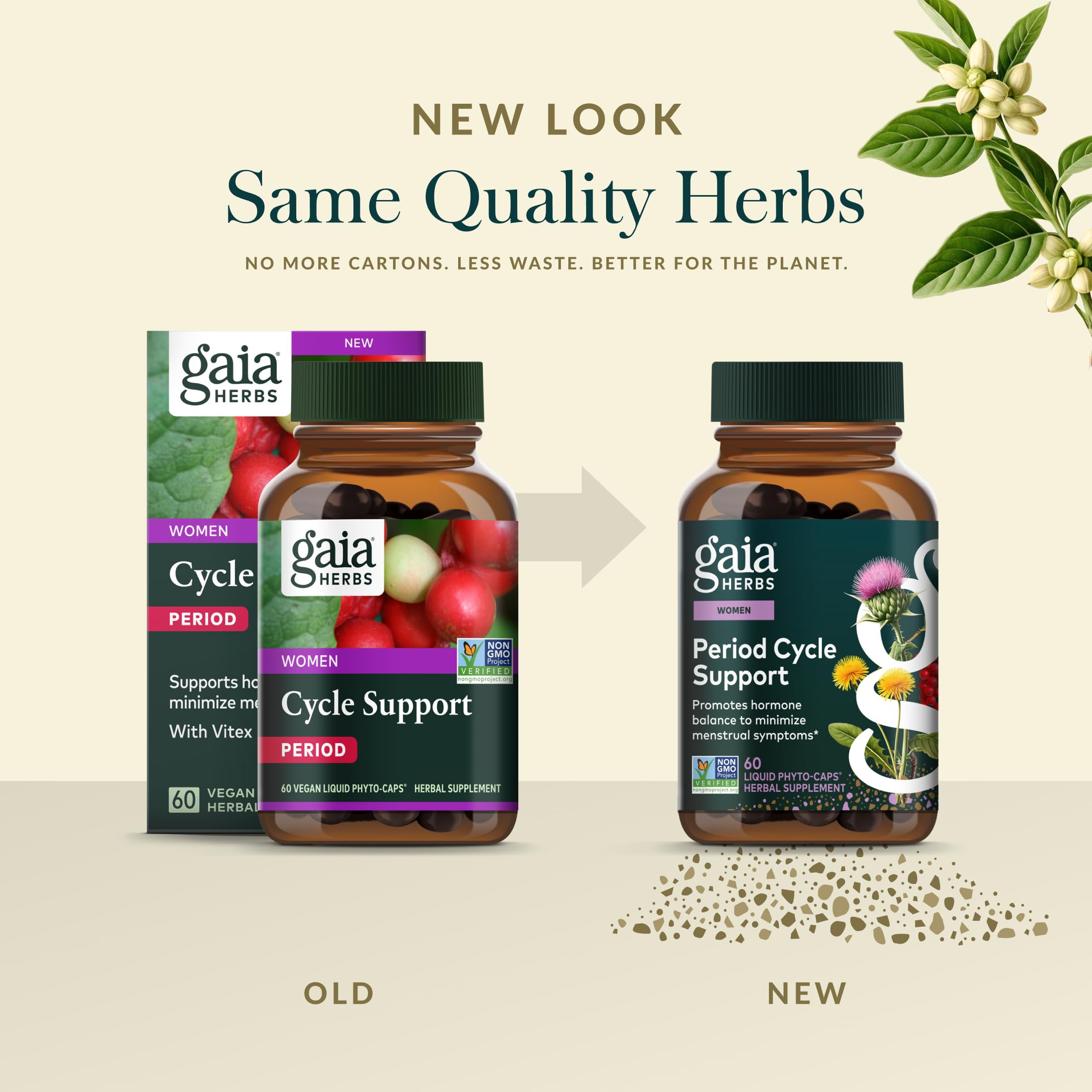 Gaia Herbs Period Cycle Support open bottle showing capsules