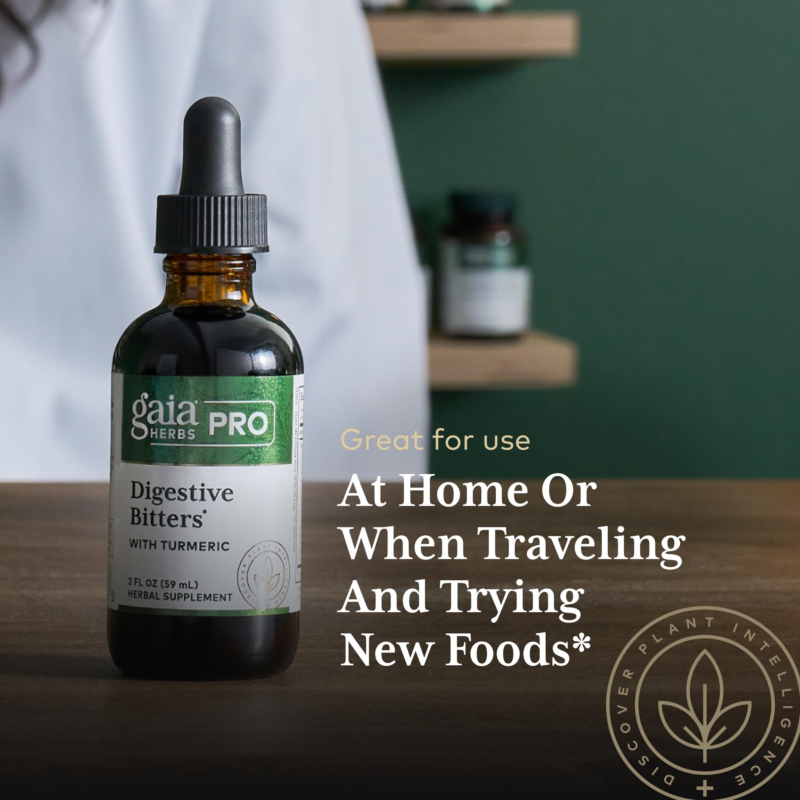 Gaia Herbs Pro daily Bitters with Turmeric on a wooden table
