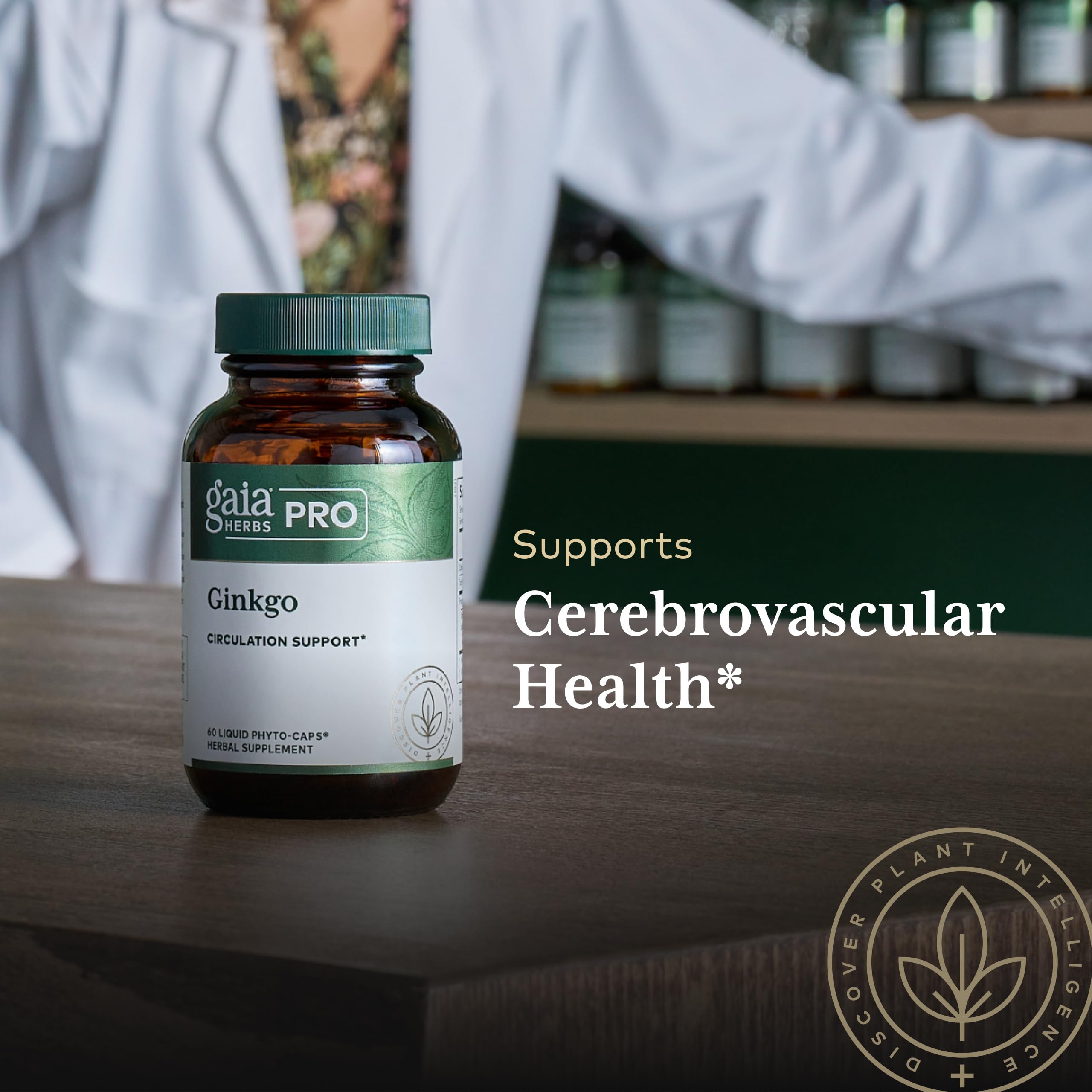 Gaia Herbs PRO Ginkgo Biloba supplement bottle with ginkgo leaves