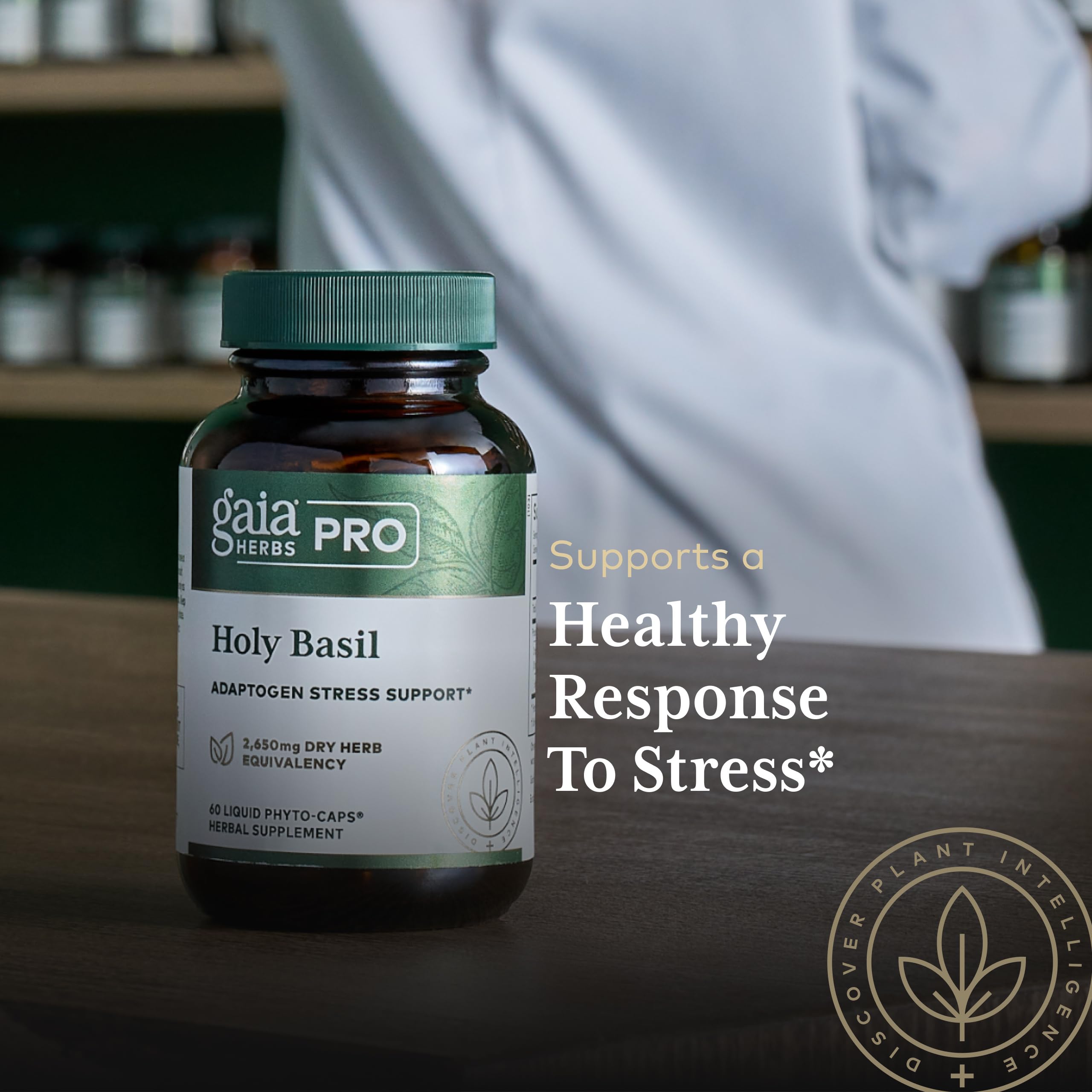 Gaia Herbs PRO Holy Basil Supplement 170g capsules on a wooden table