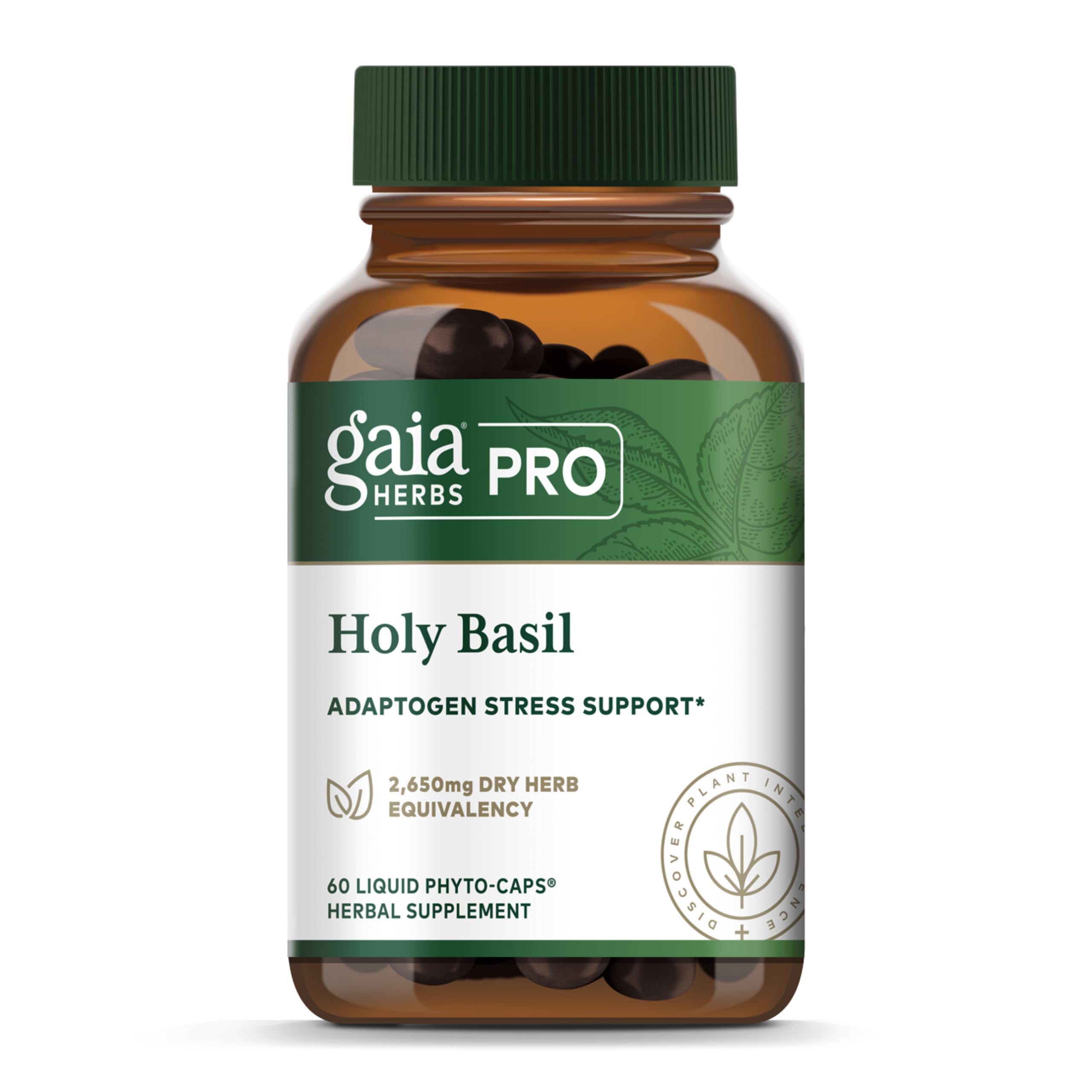 Gaia Herbs PRO Holy Basil Supplement 170g vegan capsules front view