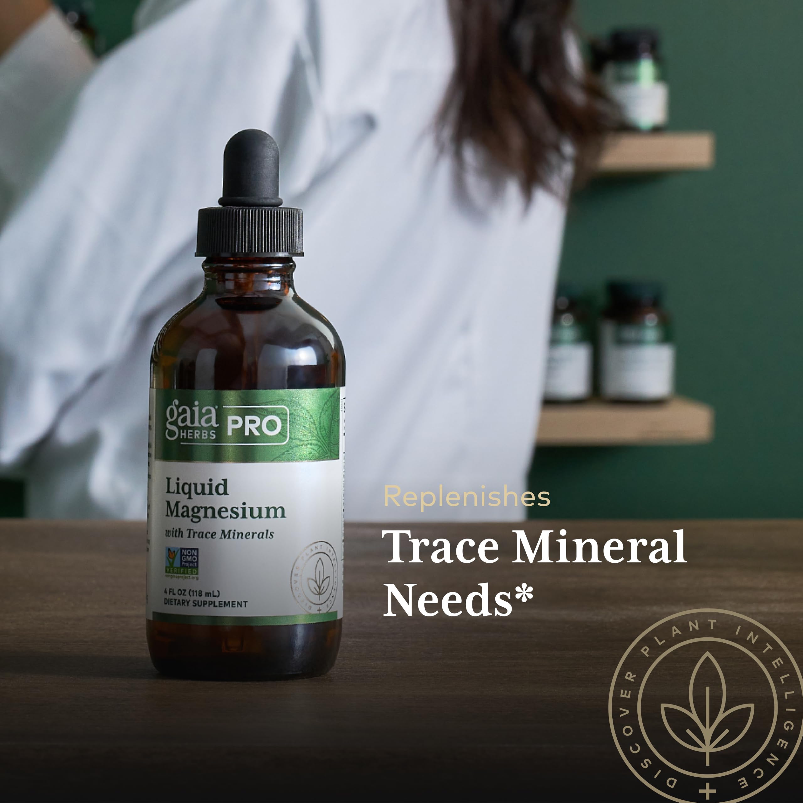 Gaia Herbs PRO Liquid Magnesium with Trace Minerals on a wooden table