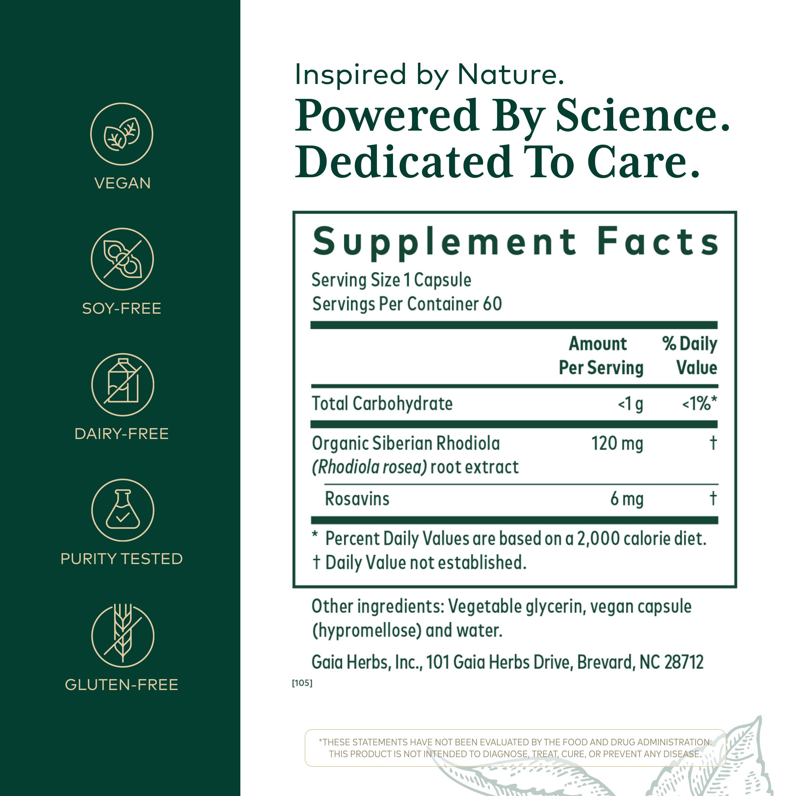 Gaia Herbs PRO Rhodiola Adaptogen Supplement 120mg side view