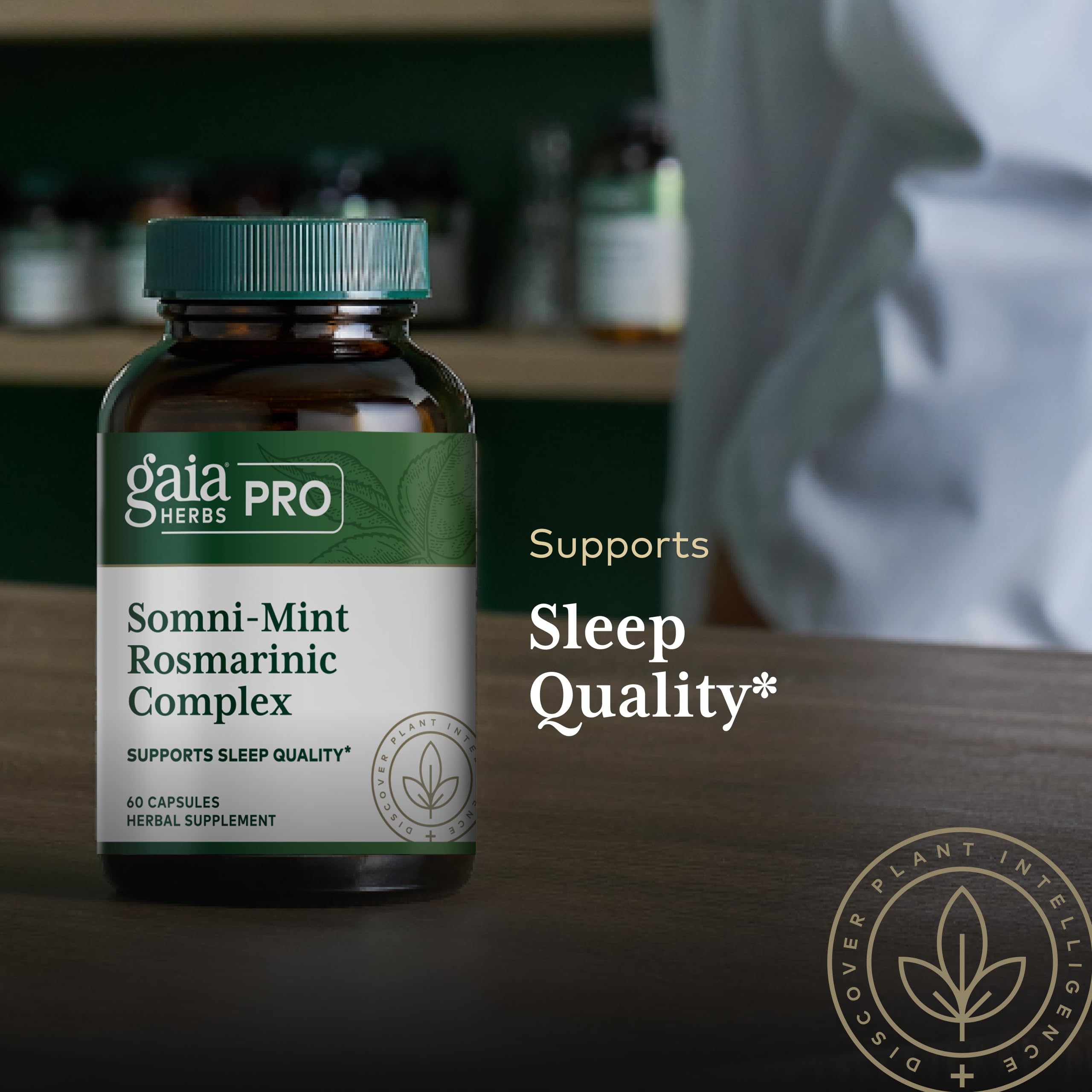 Gaia Herbs PRO Somni-Mint Rosmarinic Complex 60 Capsules on a wooden table