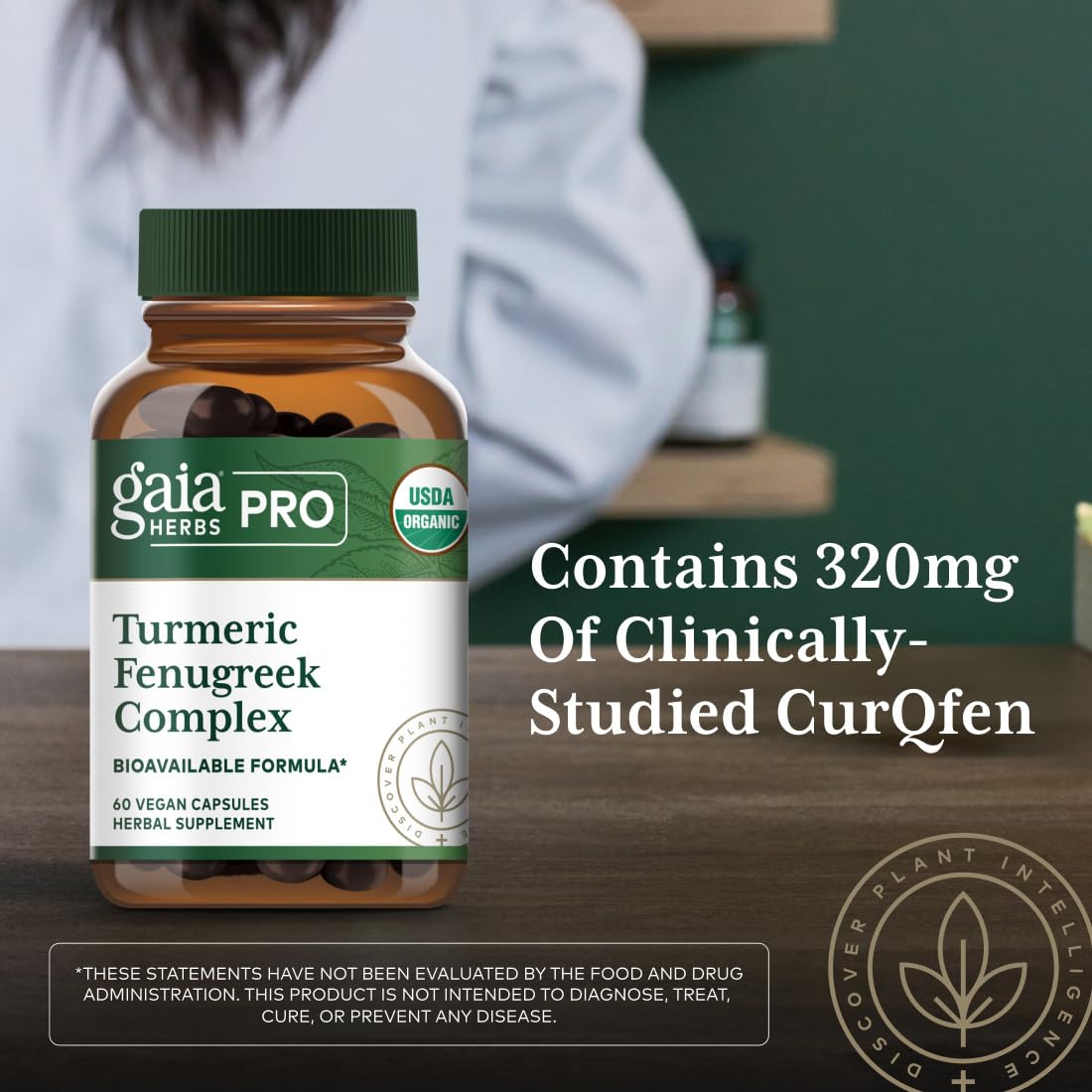 Gaia Herbs PRO Turmeric Fenugreek Complex on a wooden table