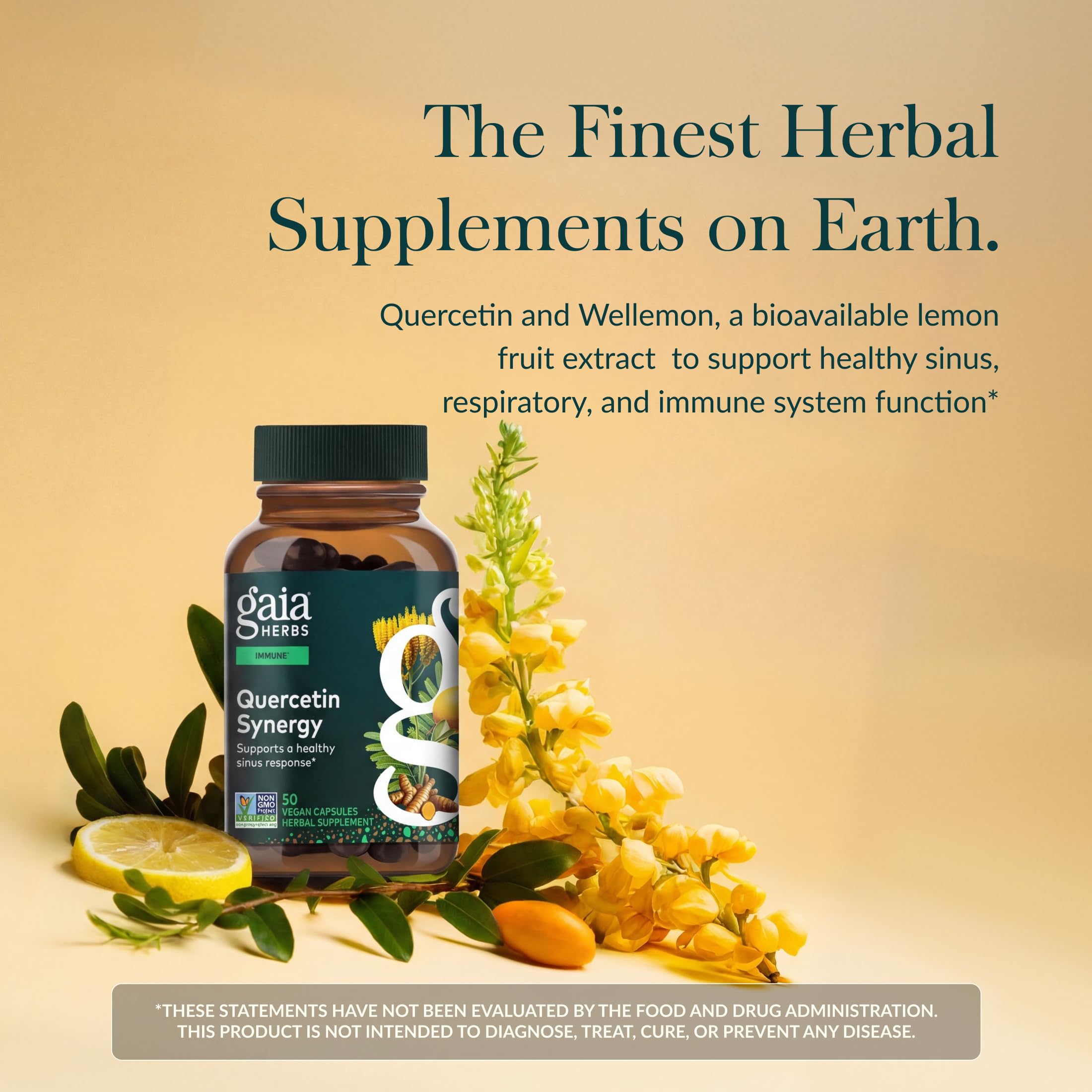 Gaia Herbs Quercetin Synergy supplement capsules on a wooden surface