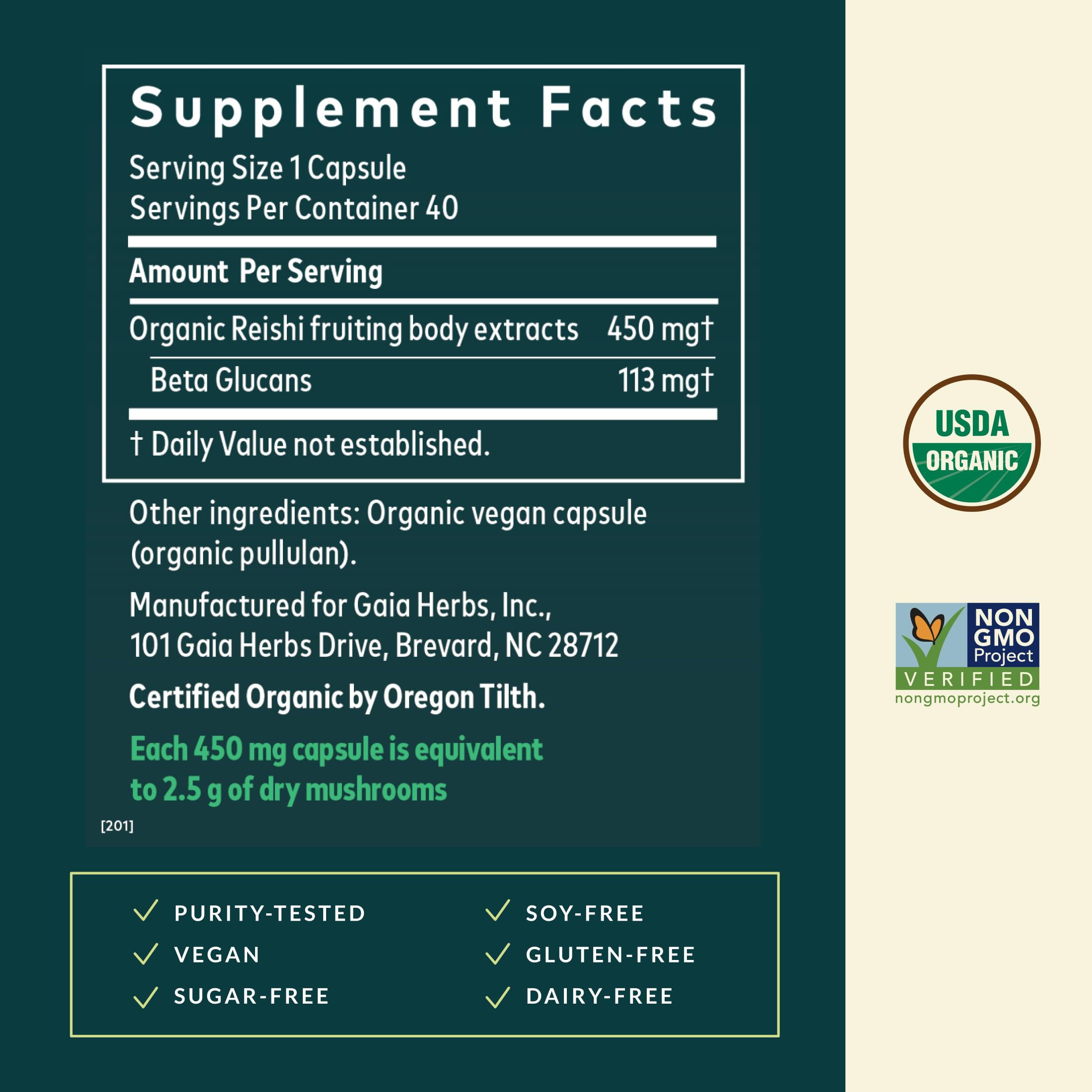 Gaia Herbs Reishi Mushroom Supplement back view with ingredient list