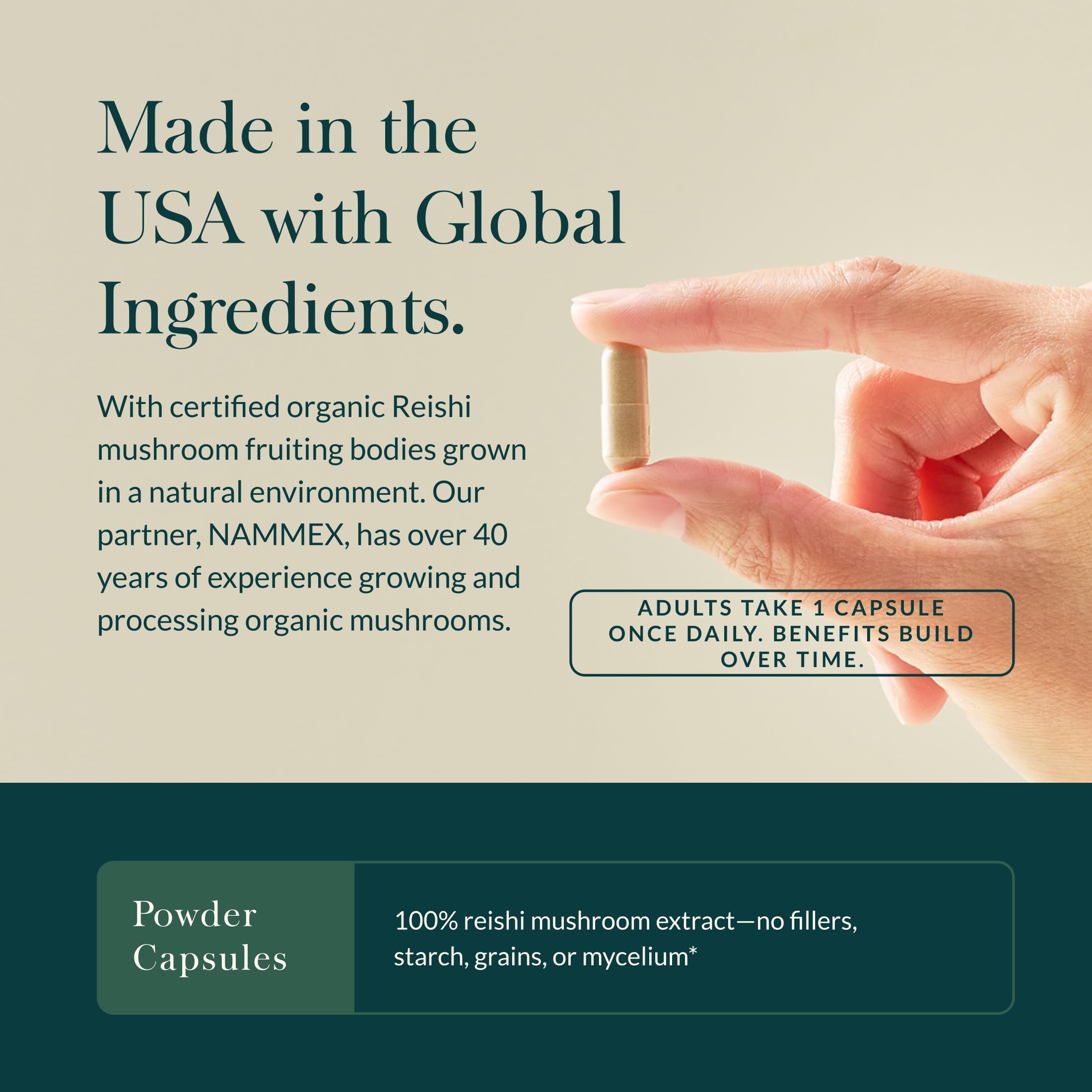Gaia Herbs Reishi Mushroom Supplement capsules in a hand