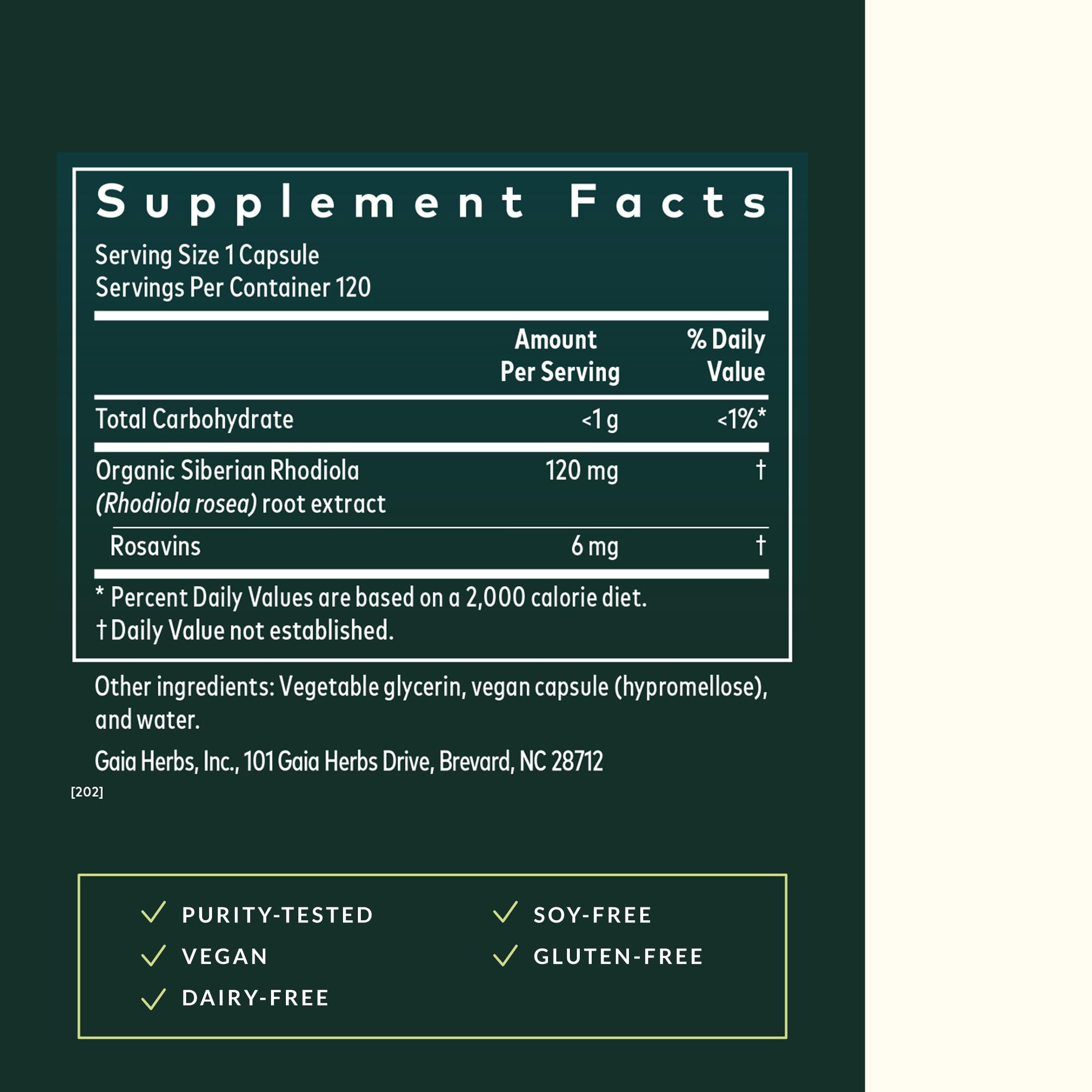 Gaia Herbs Rhodiola Rosea Capsules 120mg bottle with label