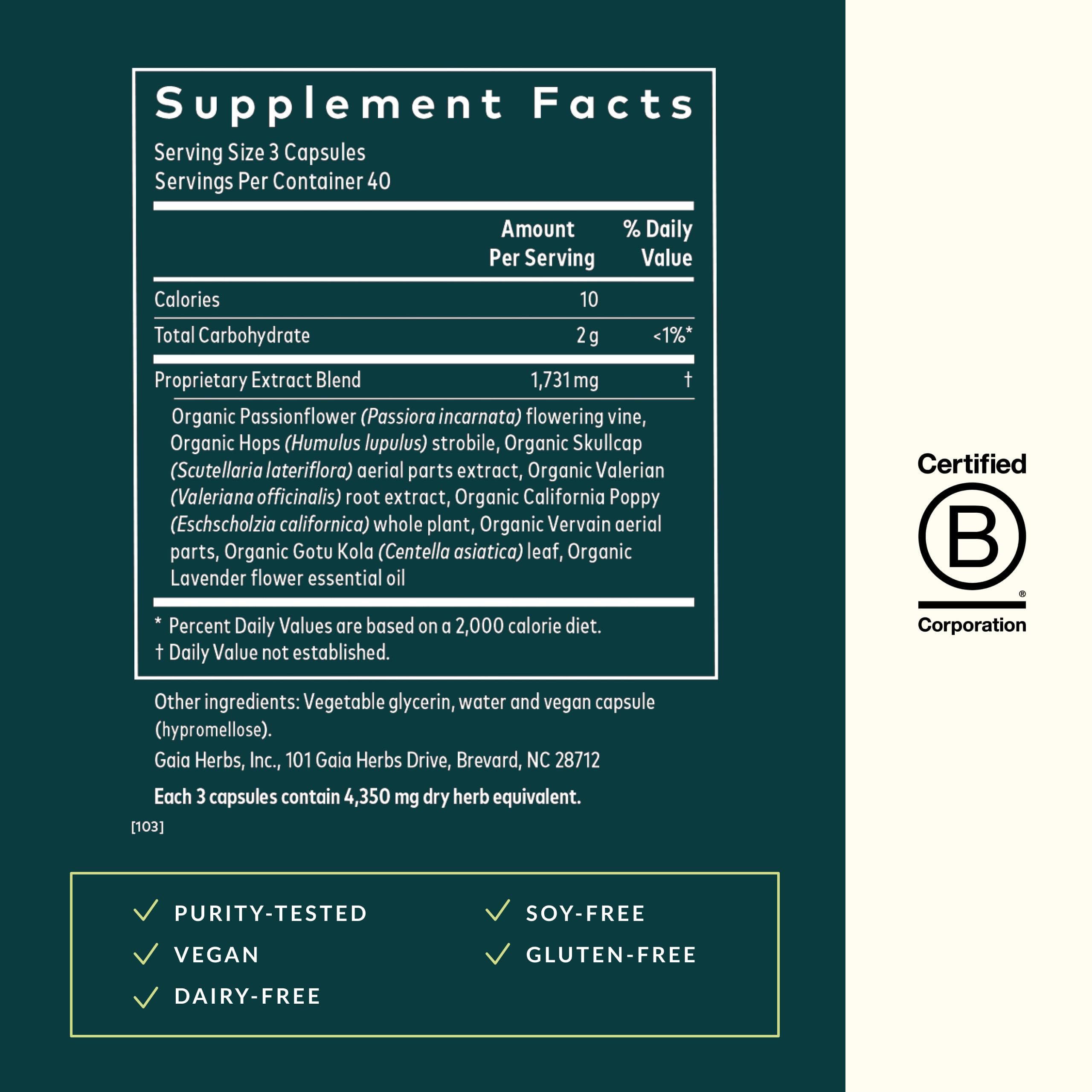 Gaia Herbs Sound Sleep Herbal Supplement ingredients list