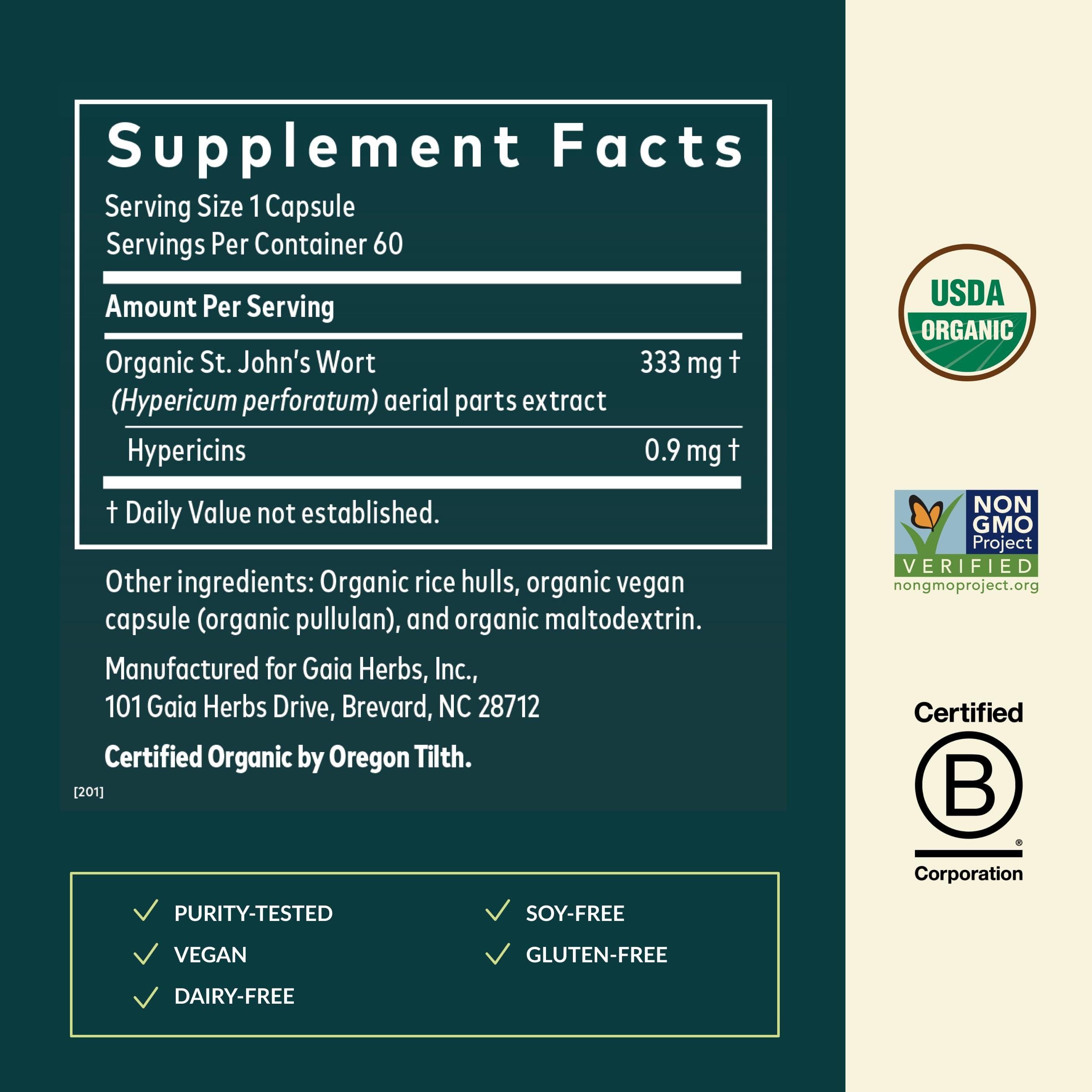 Gaia Herbs St. John's Wort 333mg Herbal Supplement back view