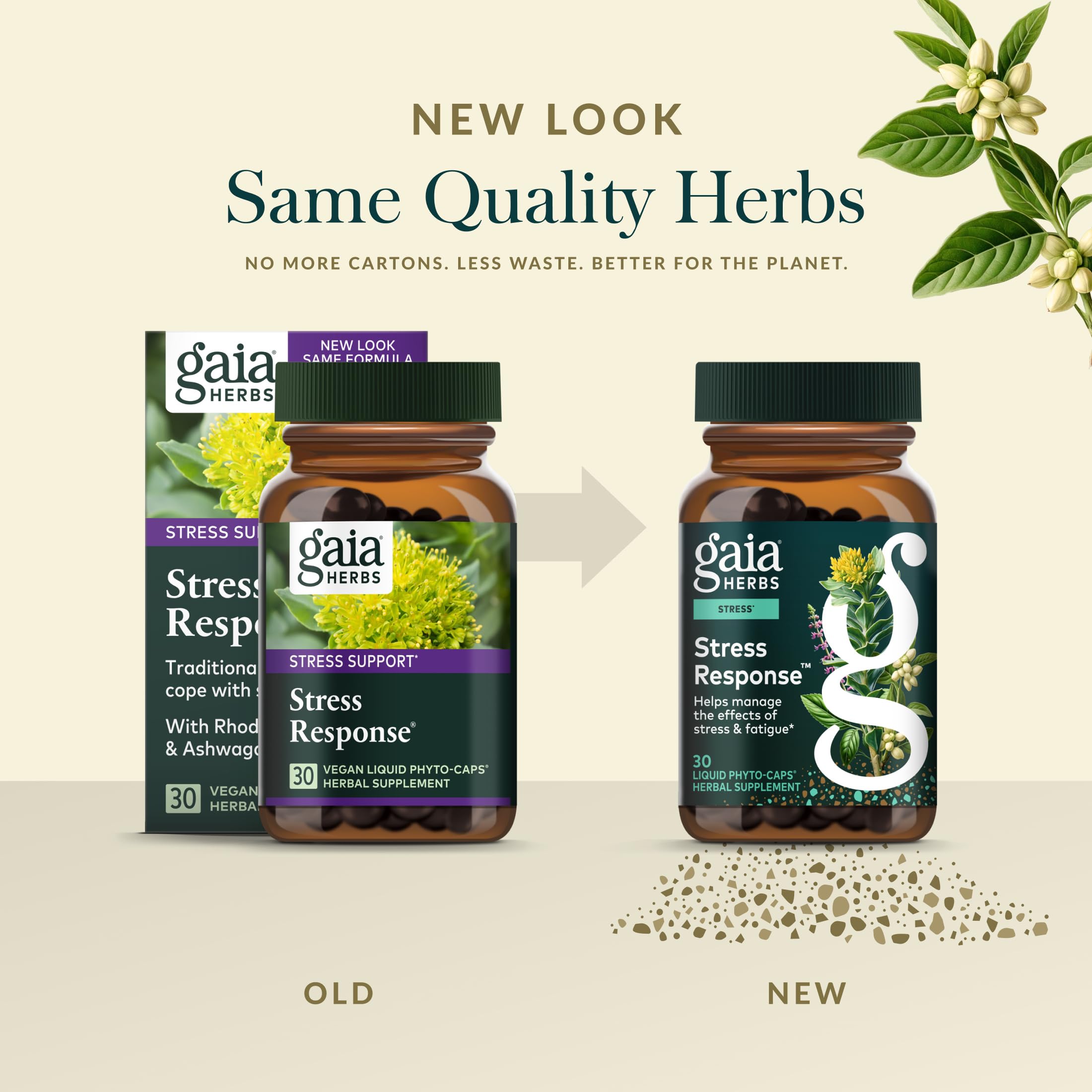 Gaia Herbs Stress Response Herbal Supplement bottle on a table