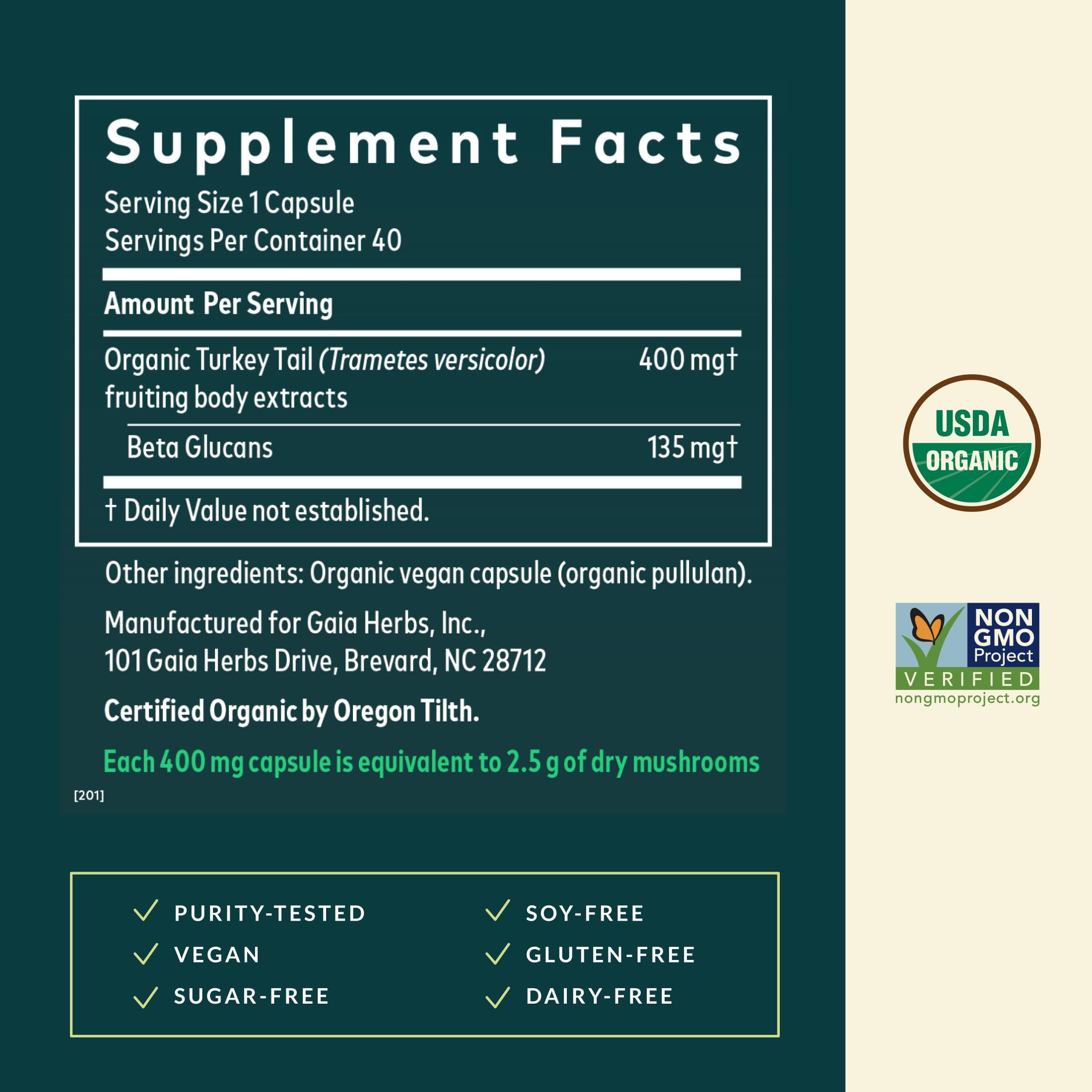 Gaia Herbs Turkey Tail Mushroom Supplement packaging with ingredients list