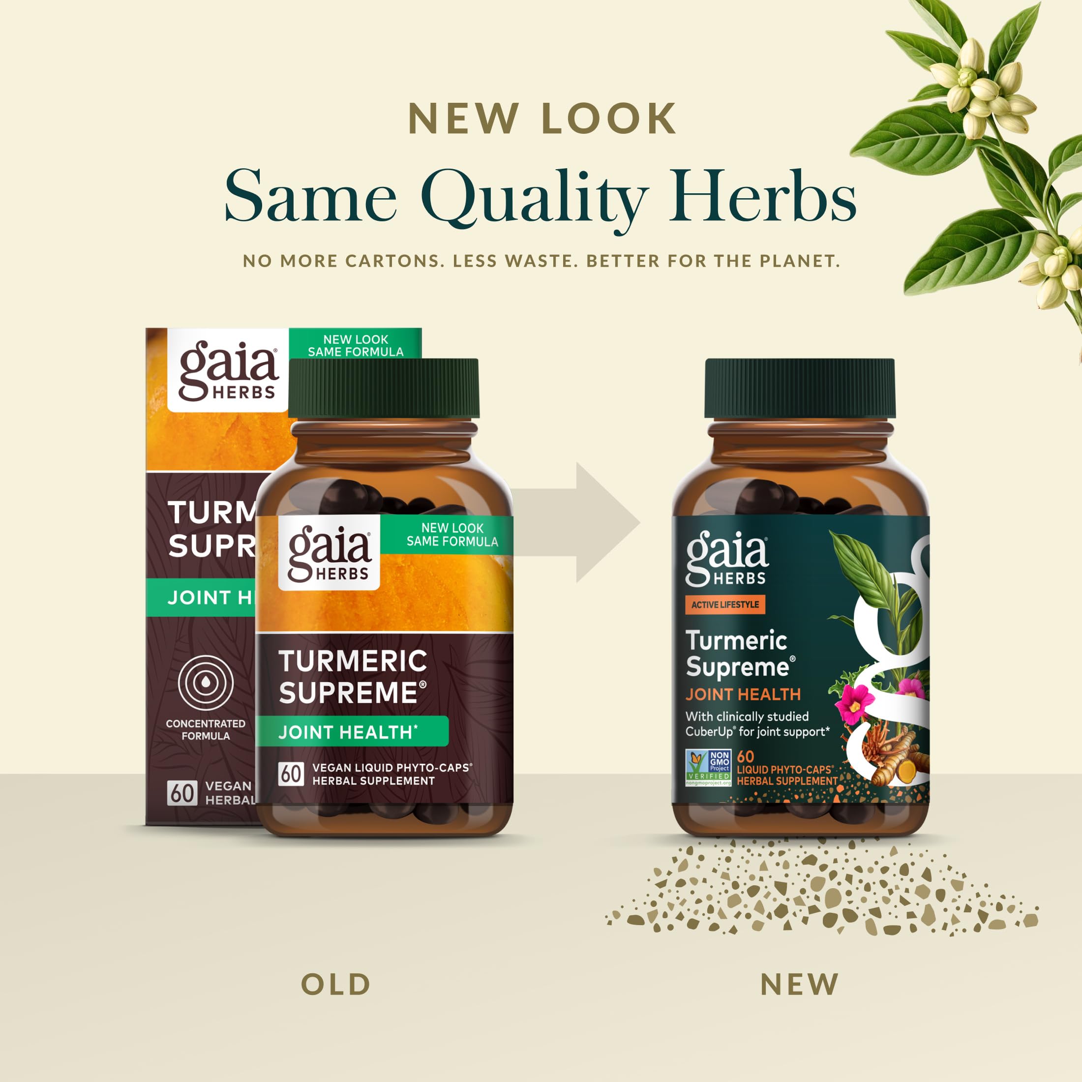 Gaia Herbs Turmeric Curcumin Extract capsules on wooden table