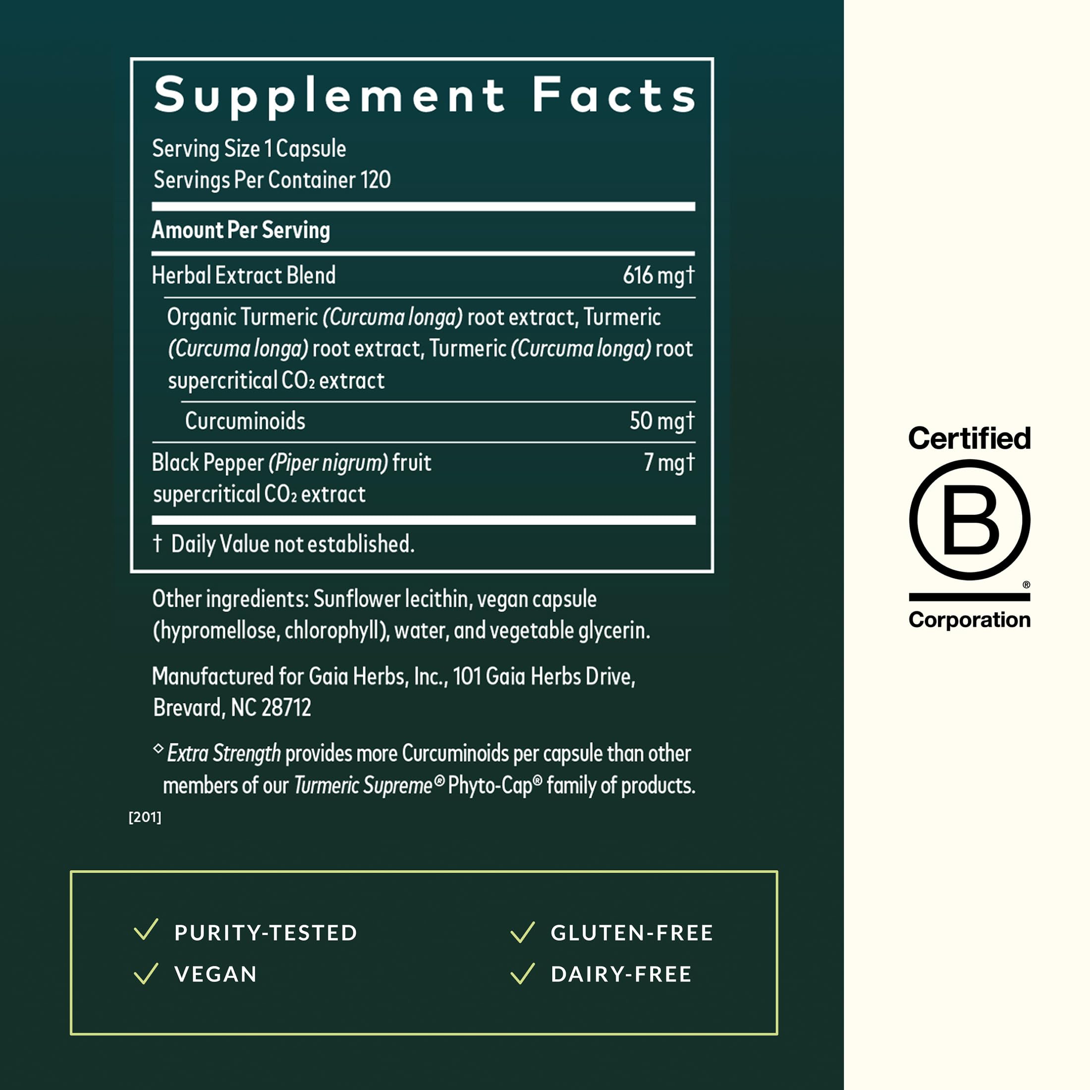 Gaia Herbs Turmeric Extra Strength 240g capsules back view