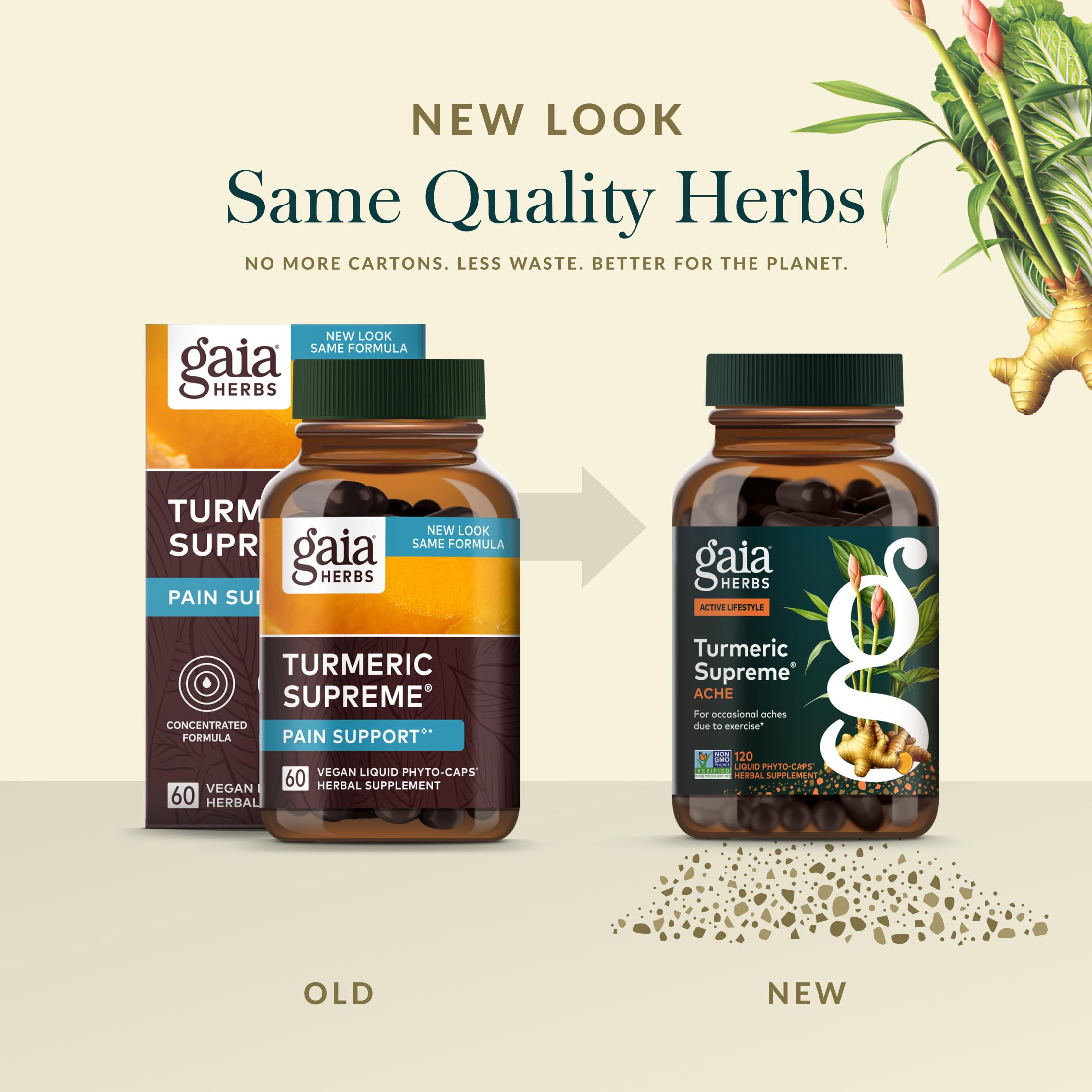 Gaia Herbs Turmeric Pain Relief Capsules with a measuring spoon