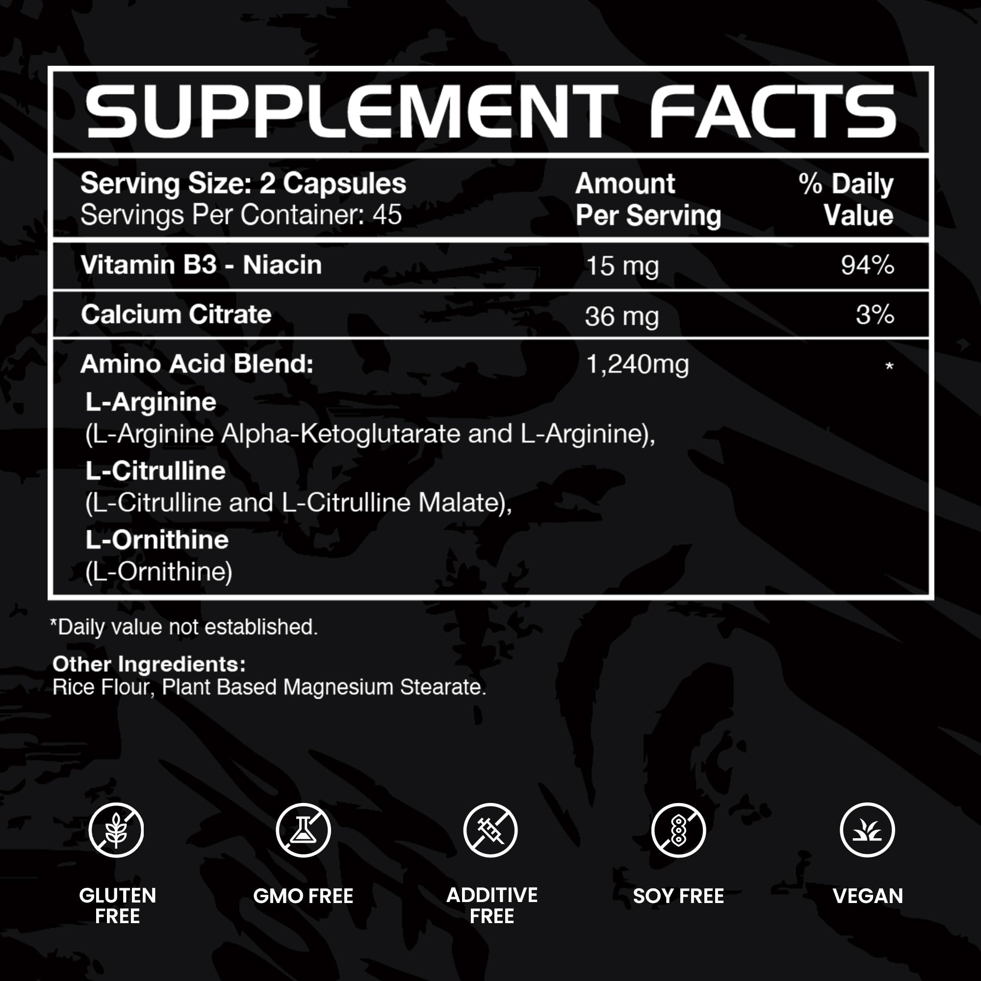 GAINS IN BULK Argi-Pump L-Arginine Supplement on a fitness table